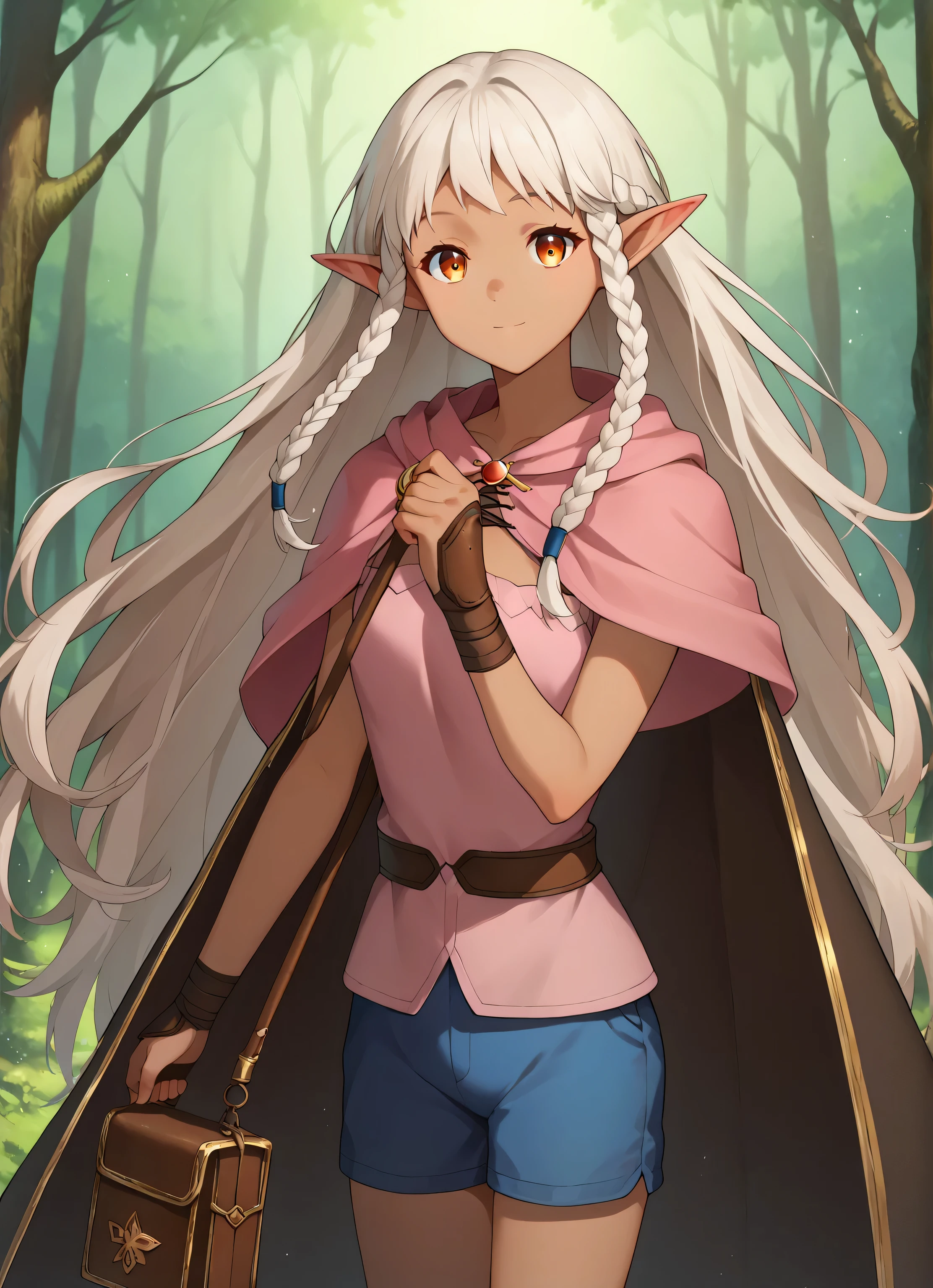 Ai shindou, masterpiece, Best Quality, dark Elf, brown color body, long hair, floating hair, white hair, amber eyes, deeper eyes, elf ears, hoods, pink clothes, orange lightly tunic, gloves, Belt bag, blue shorts, Cowboy Shot, cute smile, forest, Looking at Viewer,Hold voth blade in hands