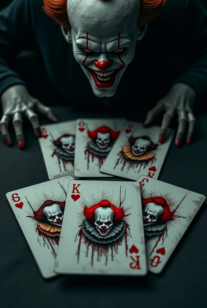 Make a caricature of a ghoulish skeletal clown with poker cards in his hand showing a royal flush and a king&#39;s crown on his head, with fire coming out of his eyes, wearing black clothes and hot lava coming out of his mouth and running down his chin