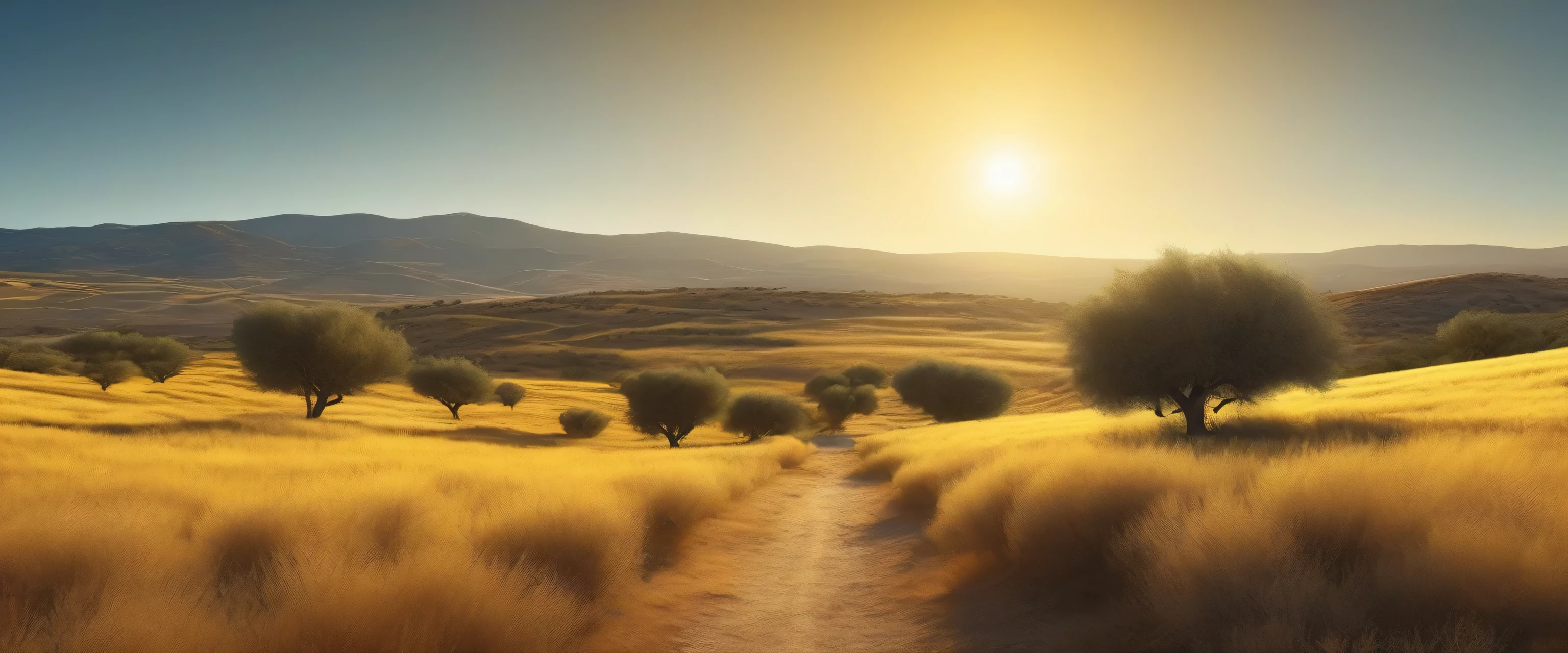 Cinematic still, filmed by Alfonso Cuar\u00f3n, wide-shot, wide fields of yellow tallgrass, hills in the horizon, dirt path, clear blue sky, shining sun, some rare olive trees in the distance, otherworldly, uninhabited, dawn time, CyberRealistic style