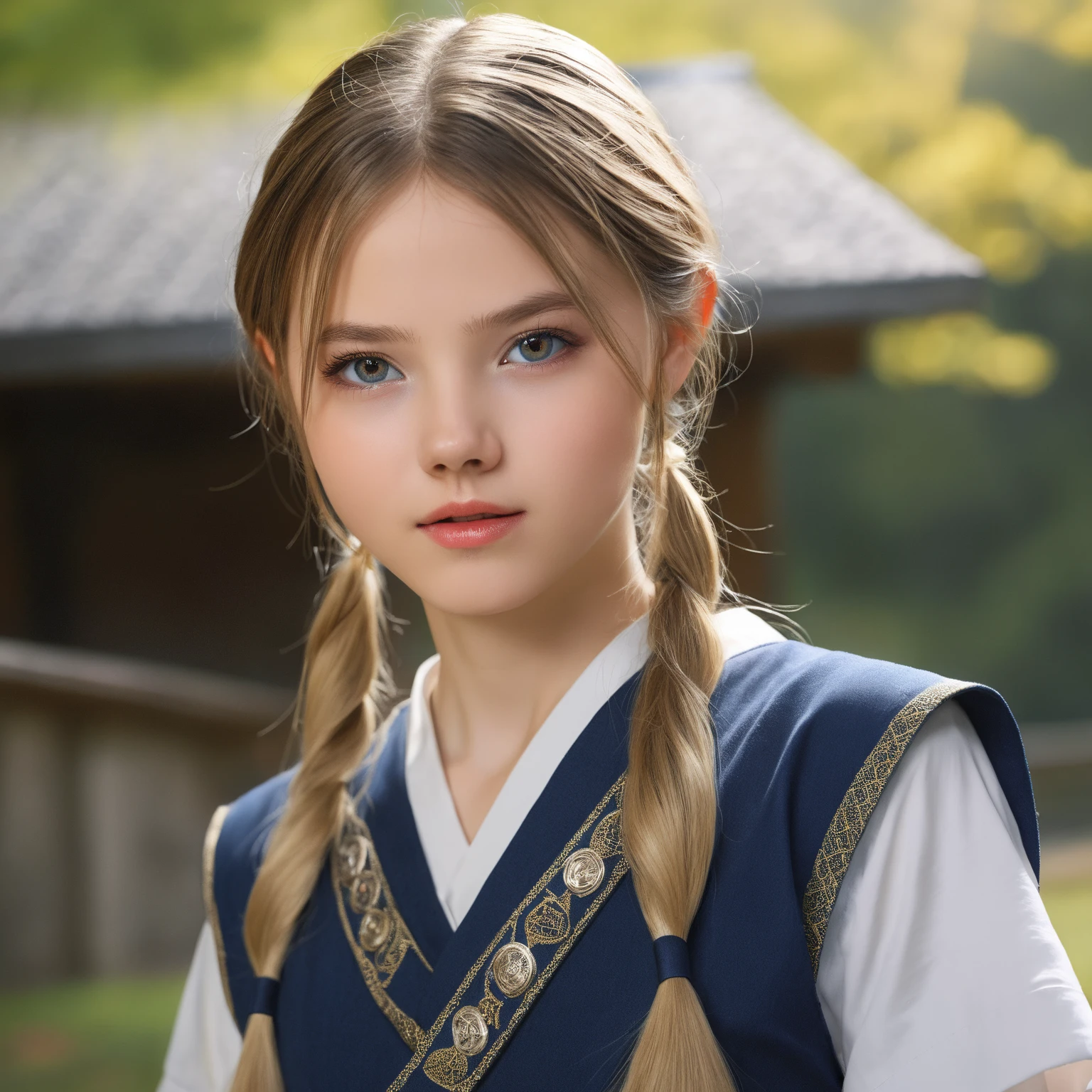masterpiece, best quality, realistic, girl child RUSSIAN 10 years old hair BONDE BRAIDS, long hair, broad shoulders, small head, upper body, (white background: 1.3), mouth closed.