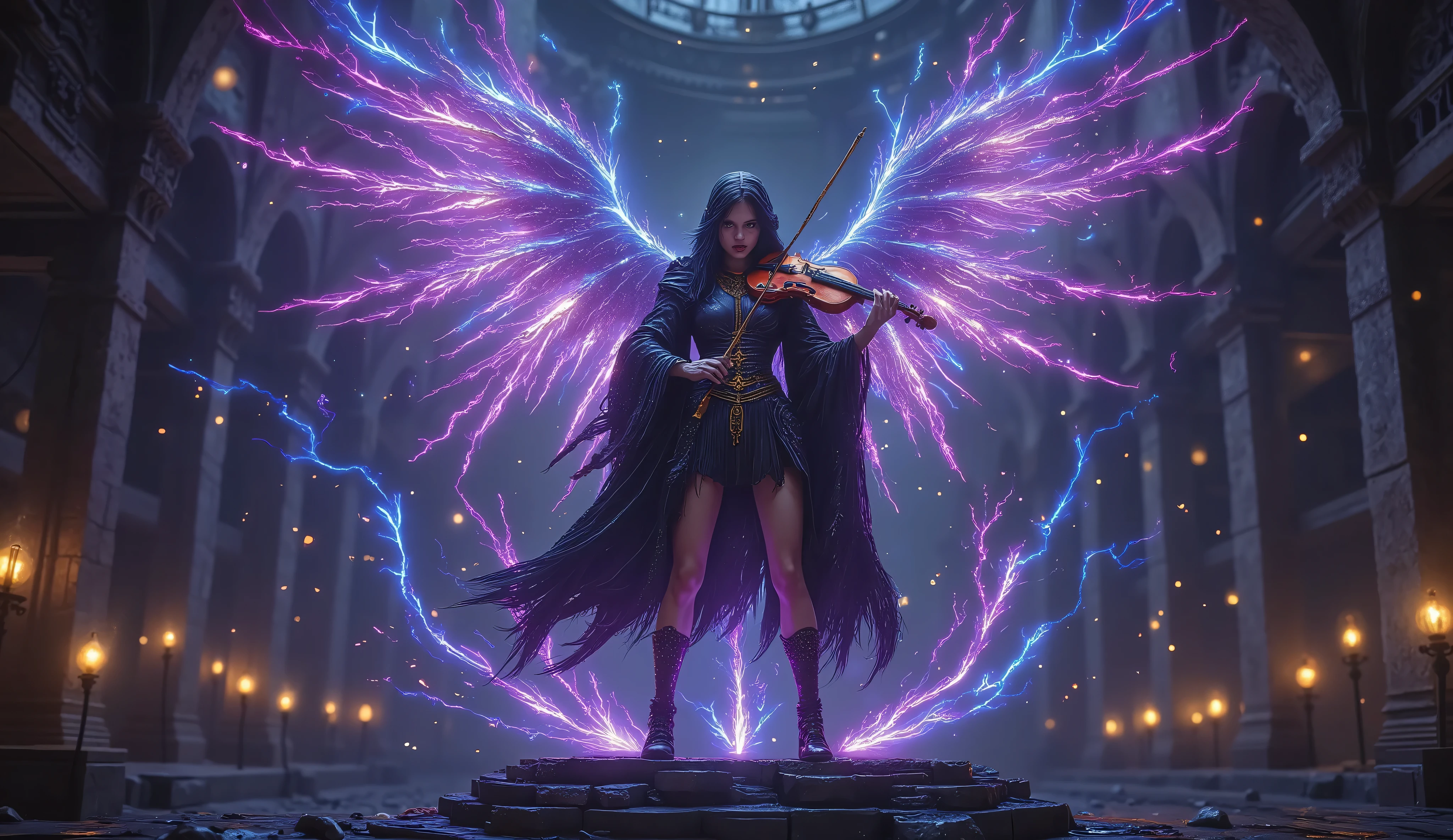 Stereopony Aimi Harakuni, Angry Aimi (female Japanese) as a female wizard (Sorceress) dressed in short robes playing a magical electrical violin with glittering energy on a platform in a dark temple, realistic.