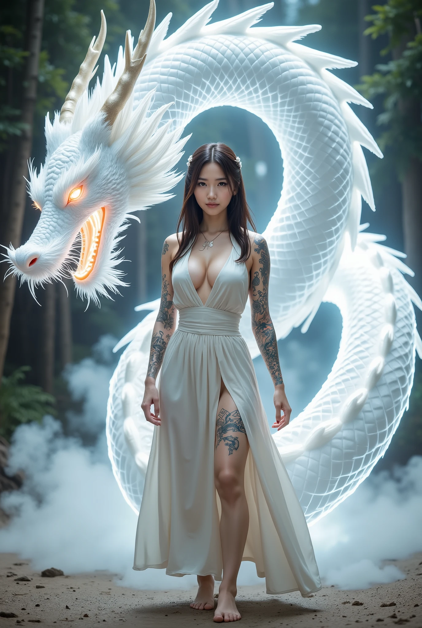 "A young Japanese woman, with intricate full body tattoos, stands in a commanding stance, her body fully visible. Facing forward, her legs are shoulder-width apart, firmly planted on the ground, and her arms are slightly extended outward from her sides in a balanced and resolute pose. Her expression radiates fierce determination, with furrowed brows and piercing eyes focused on an unseen enemy. Her tattoos, covering her arms, legs, torso, and neck, are intricately detailed and vividly visible, amplifying her powerful presence. Behind her, a colossal, glowing white dragon loom protectively, its massive jaws wide open in a ferocious roar. The dragon’s eyes burn with intensity as its shimmering scales reflect an otherworldly energy. The scene is set in a swirling mist, enhancing the dramatic tension, as the woman and dragon stand united, exuding an overwhelming aura of strength and defiance." Detailed RAW Photo of a Girl, Masterpiece, Best Quality, Ultra High Resolution, Photoreal, 8K resolution, Very detailed depiction, maximum color