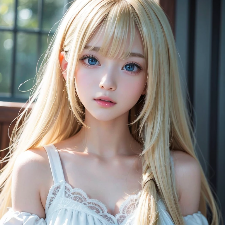 A cute and stunning 17-year-old blonde beauty、Golden bright hair flutters in front of cute face、Very beautiful long straight silky hair、Silky bangs covering the eyes, beautiful eyes、Sexy cute young woman with bright shiny long blonde hair、Bright expression、Pure white bright skin、oily shiny cheeks、cheek、Small Face Beauty、