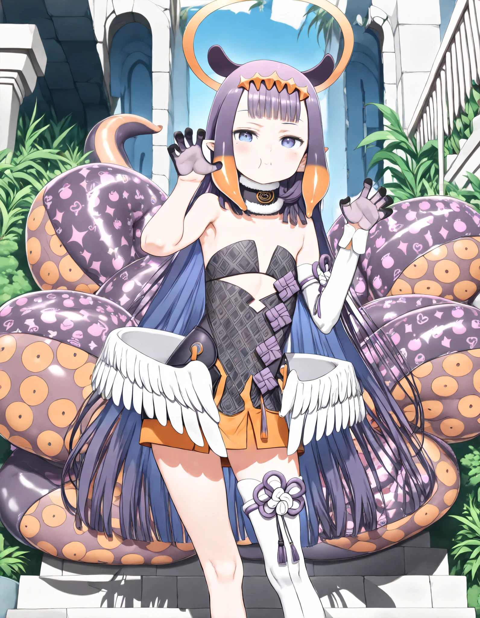 1 adult anime girl, standing alone, gazing at viewer, black tail, strong purple eyes, breasts big, black gown, Twisted and crossed dumbbell, long hair, Long dark brown hair, ((darkskin)).
