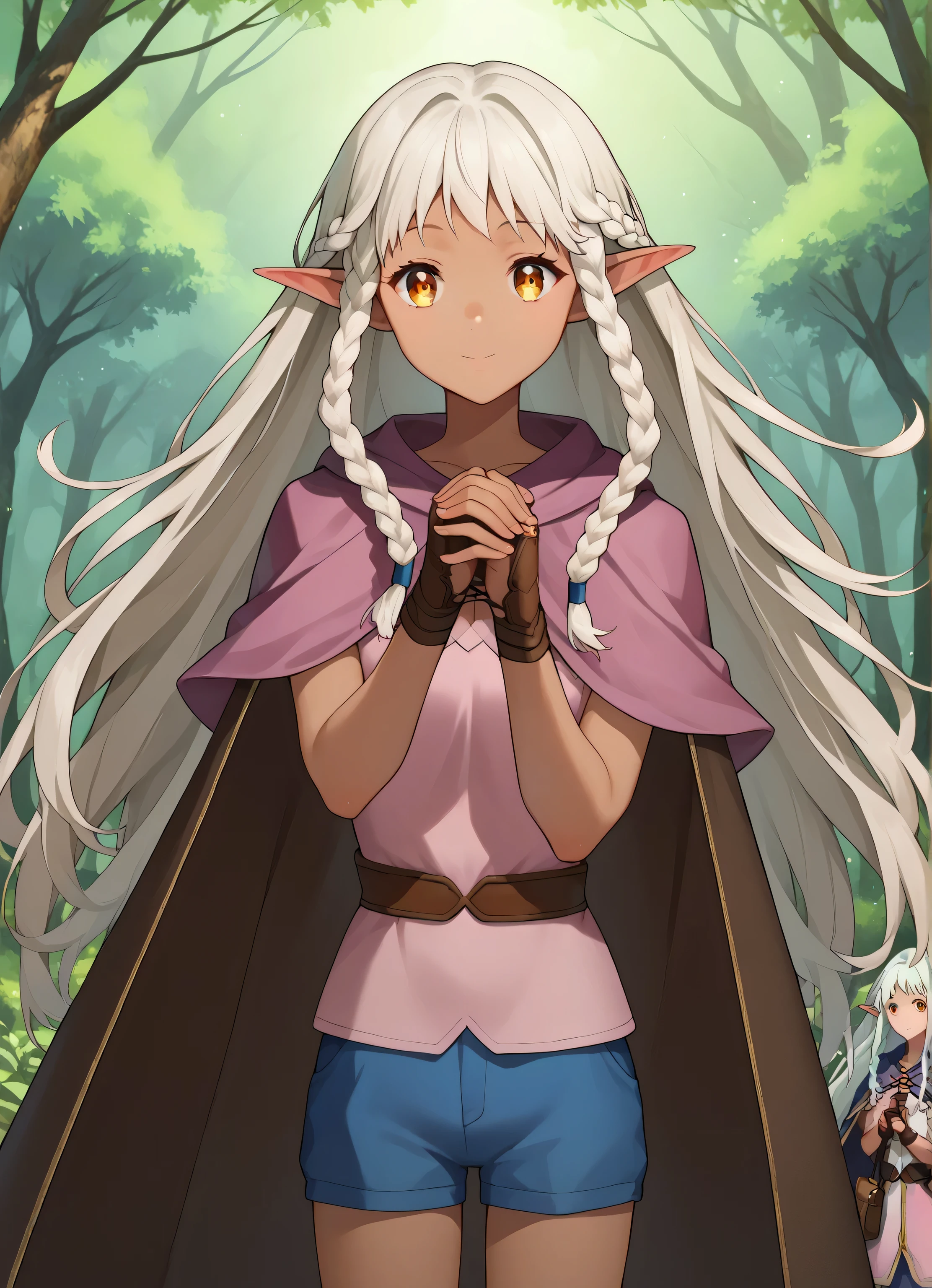 Ai shindou, rosalinde, wanderer silk, masterpiece, Best Quality, dark Elf, brown color body, long hair, floating hair, white hair, amber eyes, deeper eyes, elf ears, hoods, pink clothes, orange lightly tunic, gloves, Belt bag, blue shorts, Cowboy Shot, cute smile, forest, Looking at Viewer,Hold voth blade in hands