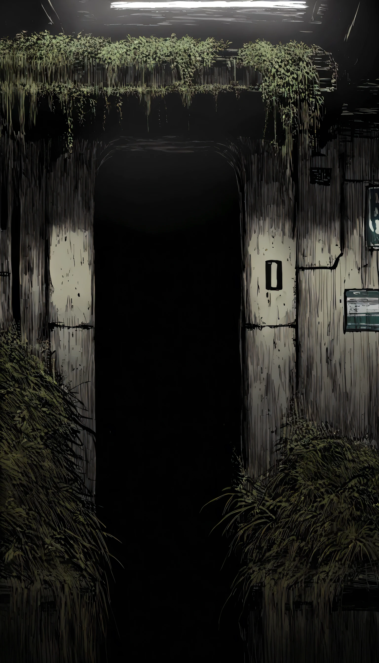 masterpiece, best quality, safe,no humans,dirty dark abandoned metro station,overgrown with vegetation,black souls style,cowboy shot,sketch drawing,monochrome