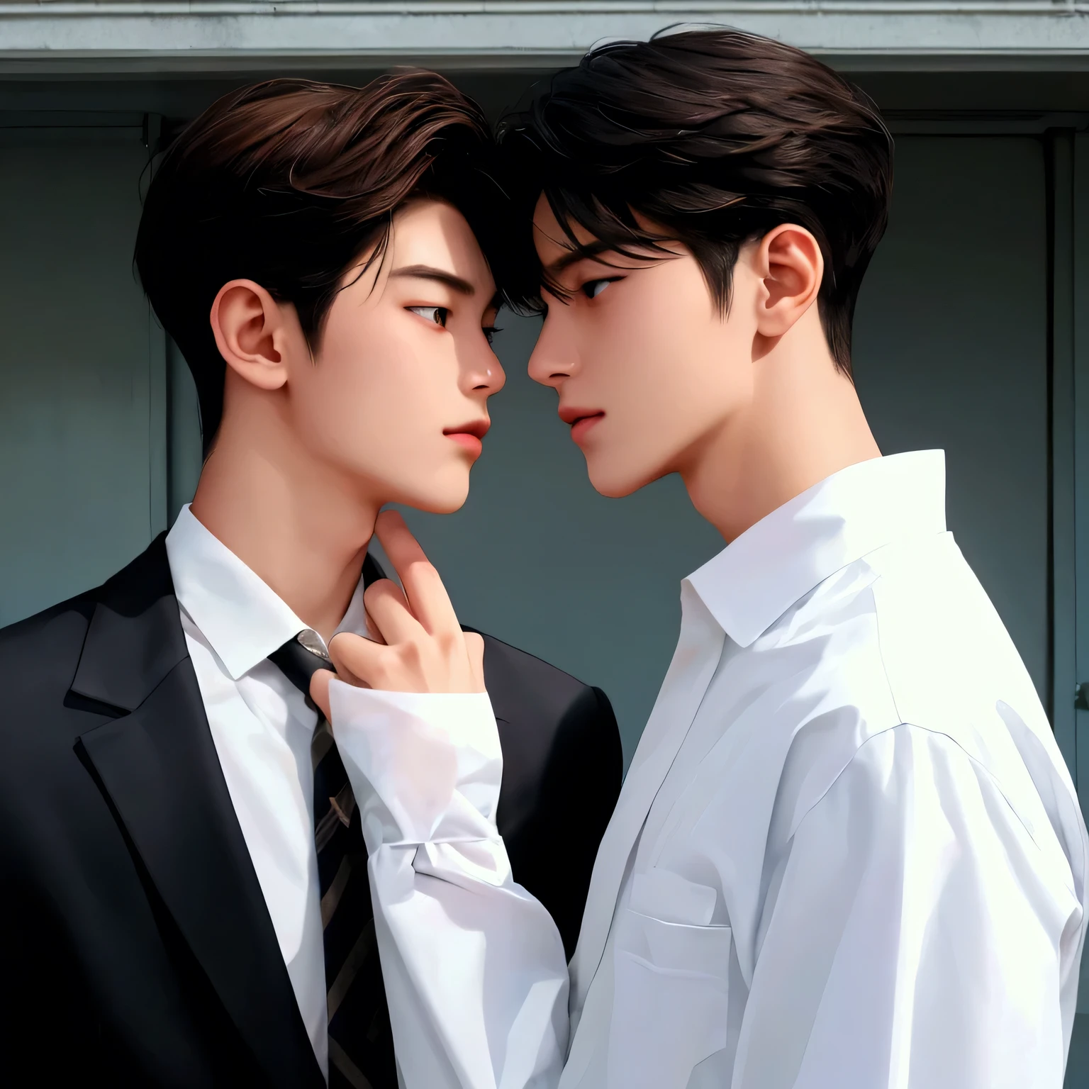 Masterpiece, top quality, two men, adult, in a suit, kiss on the neck, tall muscles, handsome and delicate eyes, intricate details, clear water, moonlit night, smile, aesthetic, romantic, dreamy, kissing, kiss