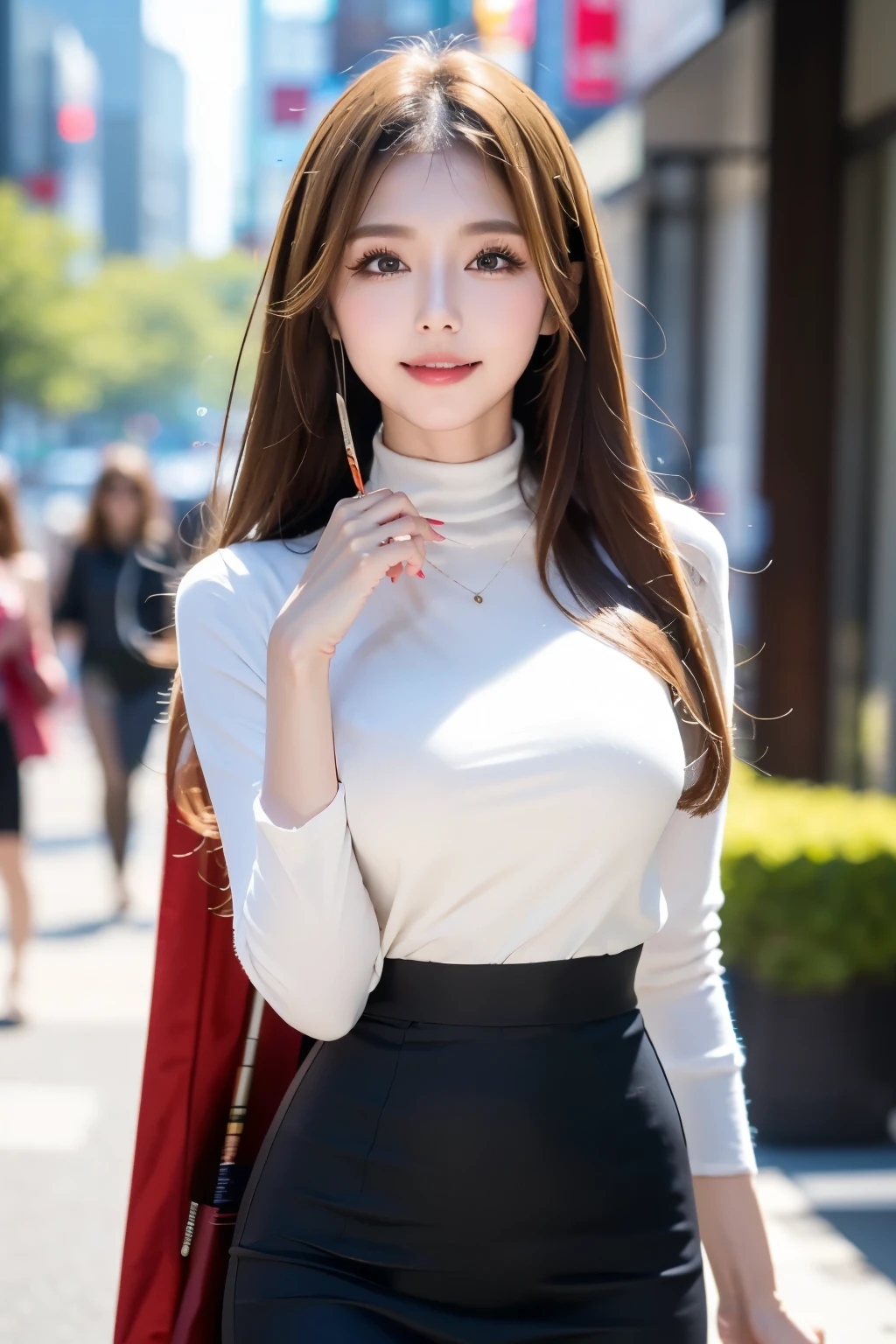 masterpiece,best quality, ultra highres,8k,16k,delicate photography, sharp line, sharp focus, (perfect anatomy:1.5), RAW photo, resolution,realistic,ultra detailed,sharp focus,RAW photo,白,蒼,黒,UHD,
BREAK,
22years old,beautiful Japanese girl,
beauty hair,color contact eyes,long lashes,large breasts,
mock neck top,(high waist pencil long skirts:1.5),high heels,
BREAK,
walking,smile,Photo style,(full shot),Above the knees photo,in the city,
