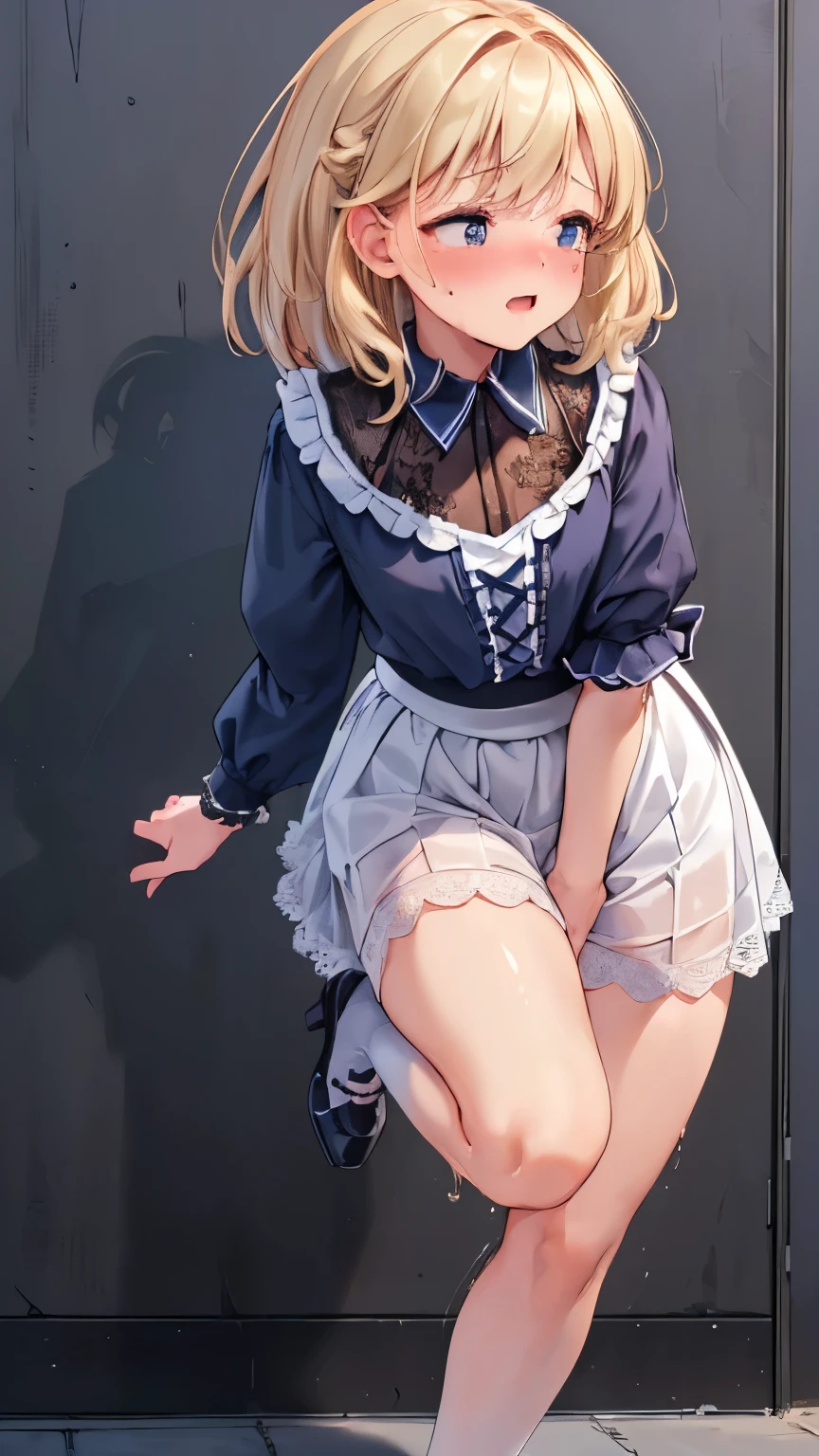 {{{masterpiece}}}, {{{best quality}}}, {{ultra-detailed}}, {nsfw}, {{an extremely delicate and beautiful、 beautiful detailed eyes}},((dress lift))blonde、half up、red eyes、small curve 1.2、cute 、Girl in a black dress、Hand in the crotch:1.5、looking to the side:1.3、embarrassing、sweaty、blush、please keep your mouth shut、(sitting on toilet、、exposed ruffle panties:1.3)、Crotch fluid、from below:1.5、to close range