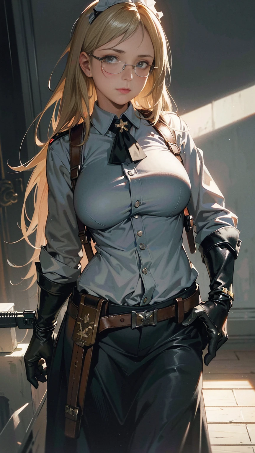 1girl. blonde, adventurer, cleavage, large breasts, miniskirt, tan jacket, belts and pouches and straps, white shirt, exploring a ruin