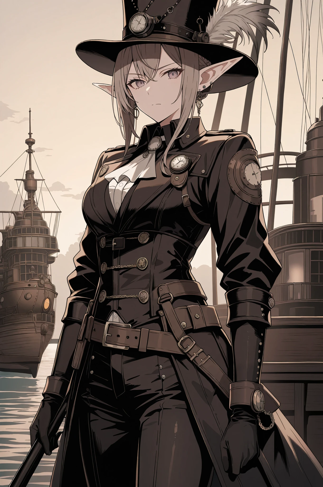 Sophisticated elf woman, ladies hat, steampunk suit, airship, muted colors, sepia filter,masterpiece, best quality, amazing quality, very aesthetic, absurdres, newest, highly detailed,high-resolution,