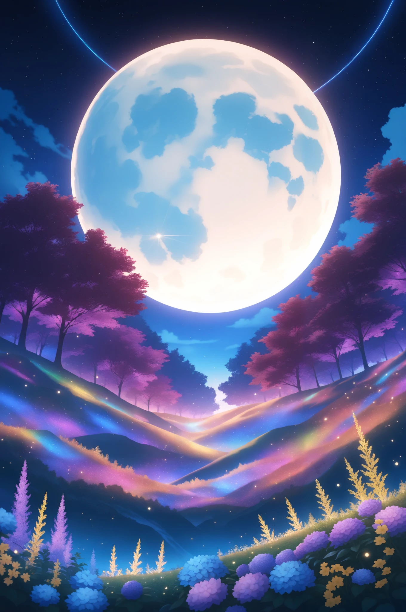 epic quality, atmosphere, nature scenery, wuxia aesthetic, raytracing, smooth, (colorful), (detailed complex busy background: 0.8), fantasy flowers, (night:1.4), intricate details, beautiful glitters, flat illustration, time stop, (ultra-detailed), photon mapping, ((intricate detail)), cinematic lighting, volumetric lighting, (big moon),masterpiece, best quality, amazing quality, very aesthetic, absurdres, newest, highly detailed,high-resolution,