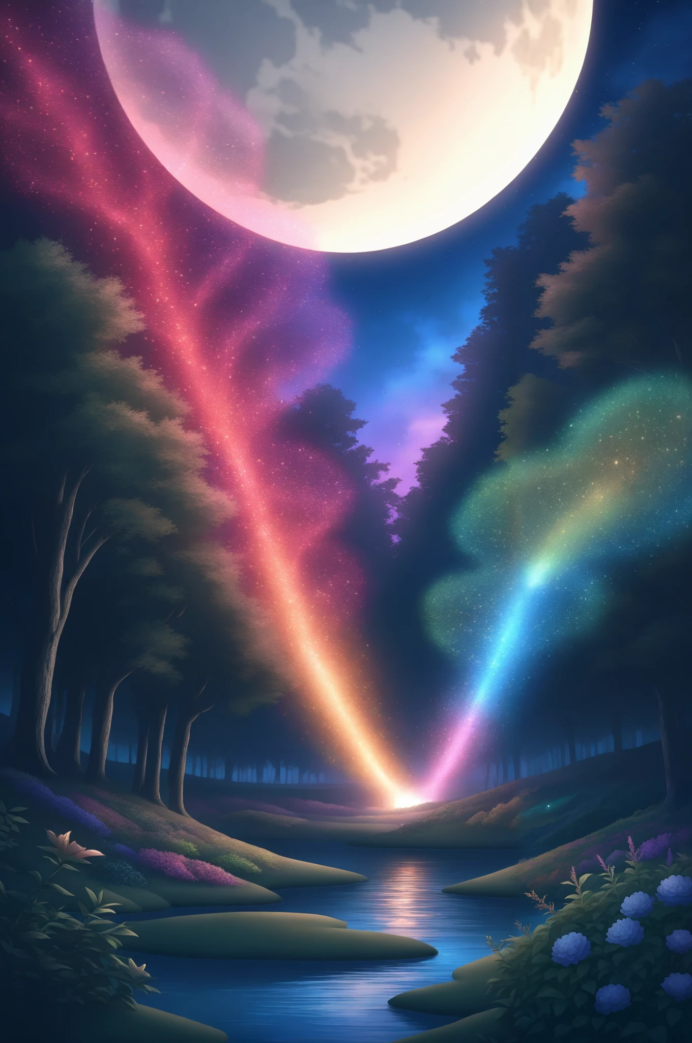 epic quality, atmosphere, nature scenery, wuxia aesthetic, raytracing, smooth, (colorful), (detailed complex busy background: 0.8), fantasy flowers, (night:1.4), intricate details, beautiful glitters, flat illustration, time stop, (ultra-detailed), photon mapping, ((intricate detail)), cinematic lighting, volumetric lighting, (big moon),masterpiece, best quality, amazing quality, very aesthetic, absurdres, newest, highly detailed,high-resolution,