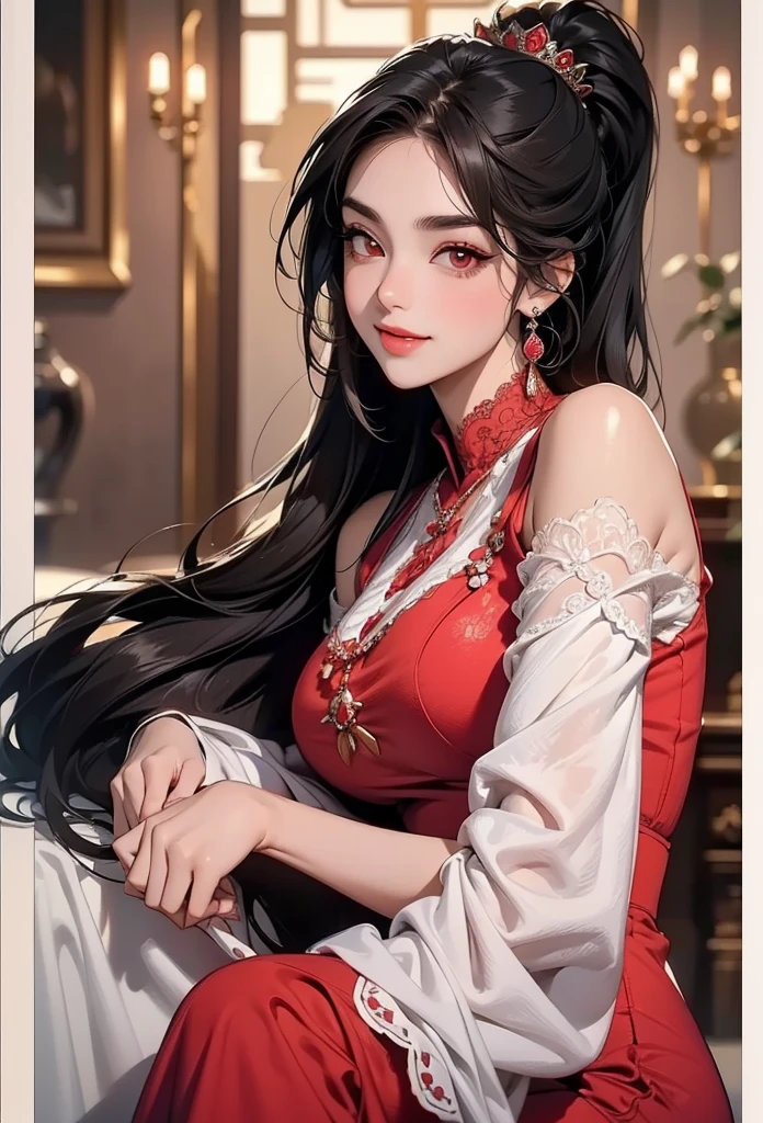 Taiwanese Idol Long straight black hair China dress Night Court A royal palace decorated with many bright red roses