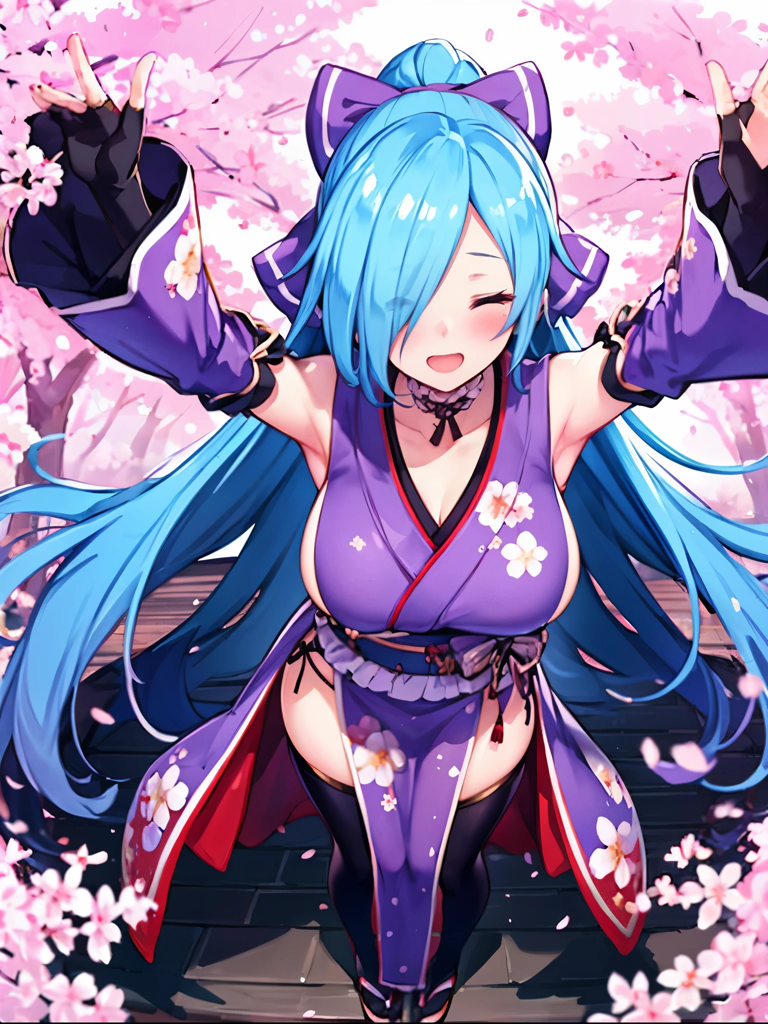 masterpiece, best quality, (1girl, solo),
yamato iori, ung__girl, virtual youtuber, solo, gloves, bow, hair bow, long hair, hair over one eye, thighhighs, blue hair, fingerless gloves, closed_eyes, japanese clothes, full body, detached sleeves, ponytail, looking at viewer, black gloves, very long hair, (heavy&soft_large_breasts:1.4), purple bow, kimono, smile, open mouth, transparent background, standing, sash, obi, purple kimono
blush,cherry blossoms,
( outdoors, forest, upper body, dynamic pose, looking at viewer, ),plump,raise_arms,