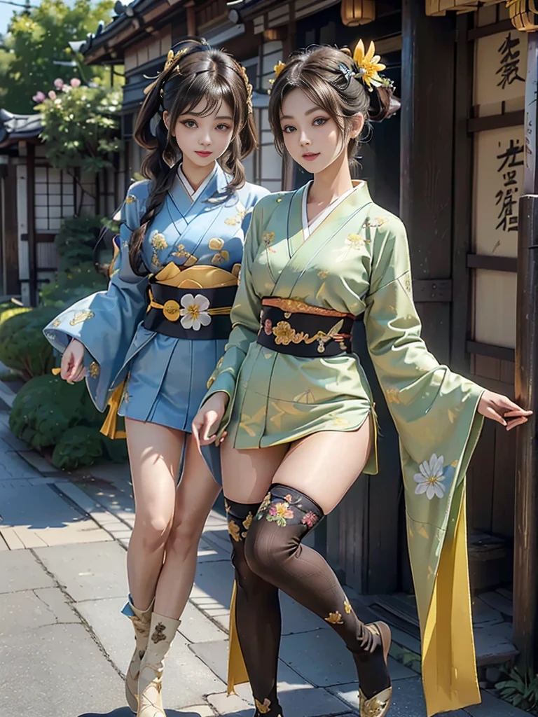 1girl with, ((masterpiece、top-quality、ultra-definition、hight resolution))、4K picture quality、((Beautuful Women))、22year old、wetted skin、radiant eyes、perfect eyes、(Beautiful Nordic sisters)、the beach,Background crowd、((Curly hair in braids、Bun1))、((Body Portrait))、(((Wearing an ultra-short green bell sleeve yukata)))、((The pattern of the yukata is、They range from fancy floral patterns to swallowtail butterflies..))、((Use primary colors for yukata colors))、masterpiece、top-quality、ultra-definition、hight resolution))、4K picture quality、(Wearing an ultra-short green bell sleeve yukata)、(Click here for the line of sight)、((Show panties))、Opening legs、Show white panties、cleavage of the breast、((Show off big round buttocks、Tight yukata stretched around big thighs and buttocks))、((Stick your butt out and show off))、(view from back)、Stunning buttocks、