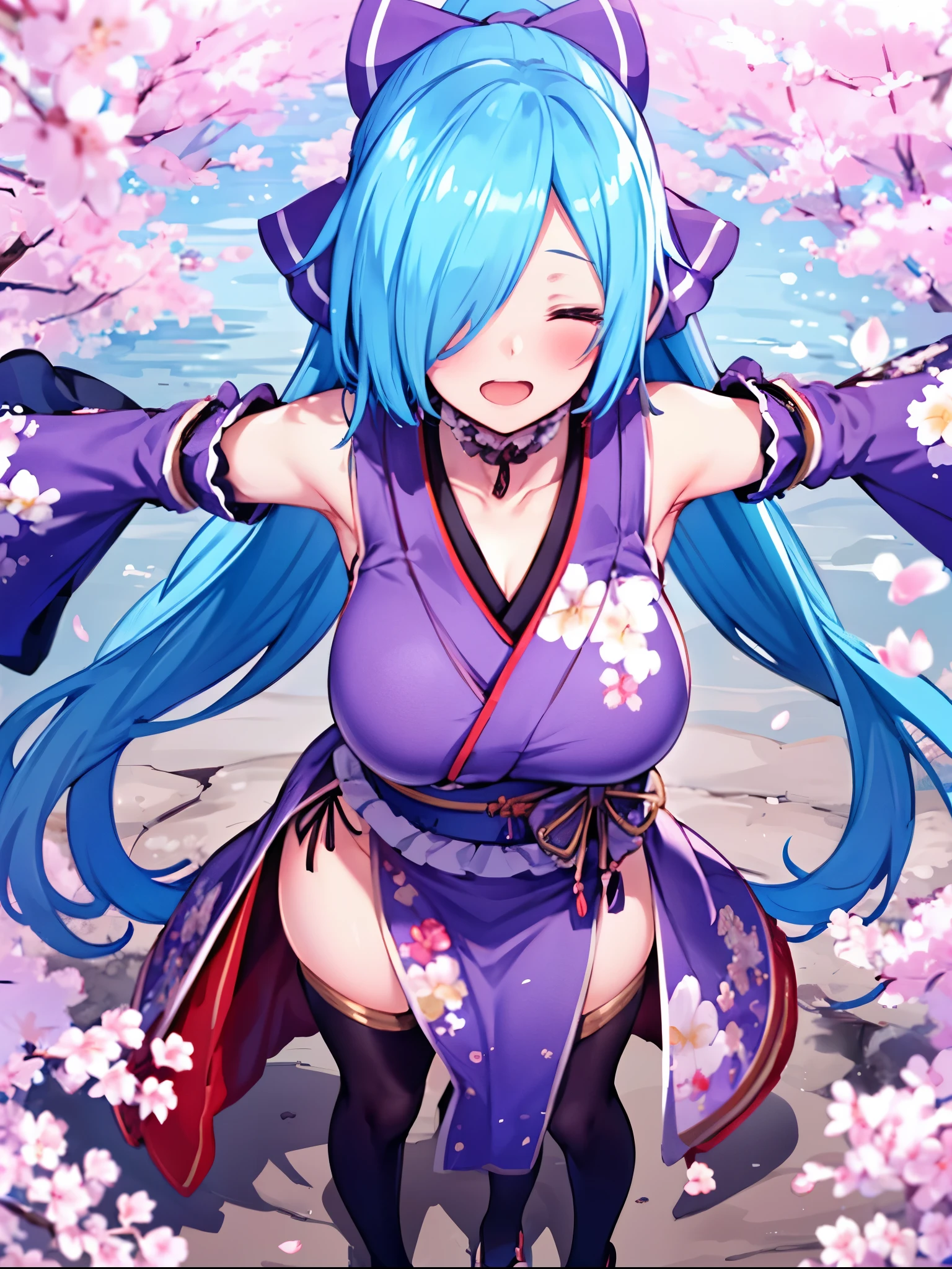 masterpiece, best quality, (1girl, solo),
yamato iori, ung__girl, virtual youtuber, solo, gloves, bow, hair bow, long hair, hair over one eye, thighhighs, blue hair, fingerless gloves, closed_eyes, japanese clothes, full body, detached sleeves, ponytail, looking at viewer, black gloves, very long hair, (heavy&soft_large_breasts:1.4), purple bow, kimono, smile, open mouth, transparent background, standing, sash, obi, purple kimono
blush,cherry blossoms,
( outdoors, forest, upper body, dynamic pose, looking at viewer, ),plump,raise_arms,