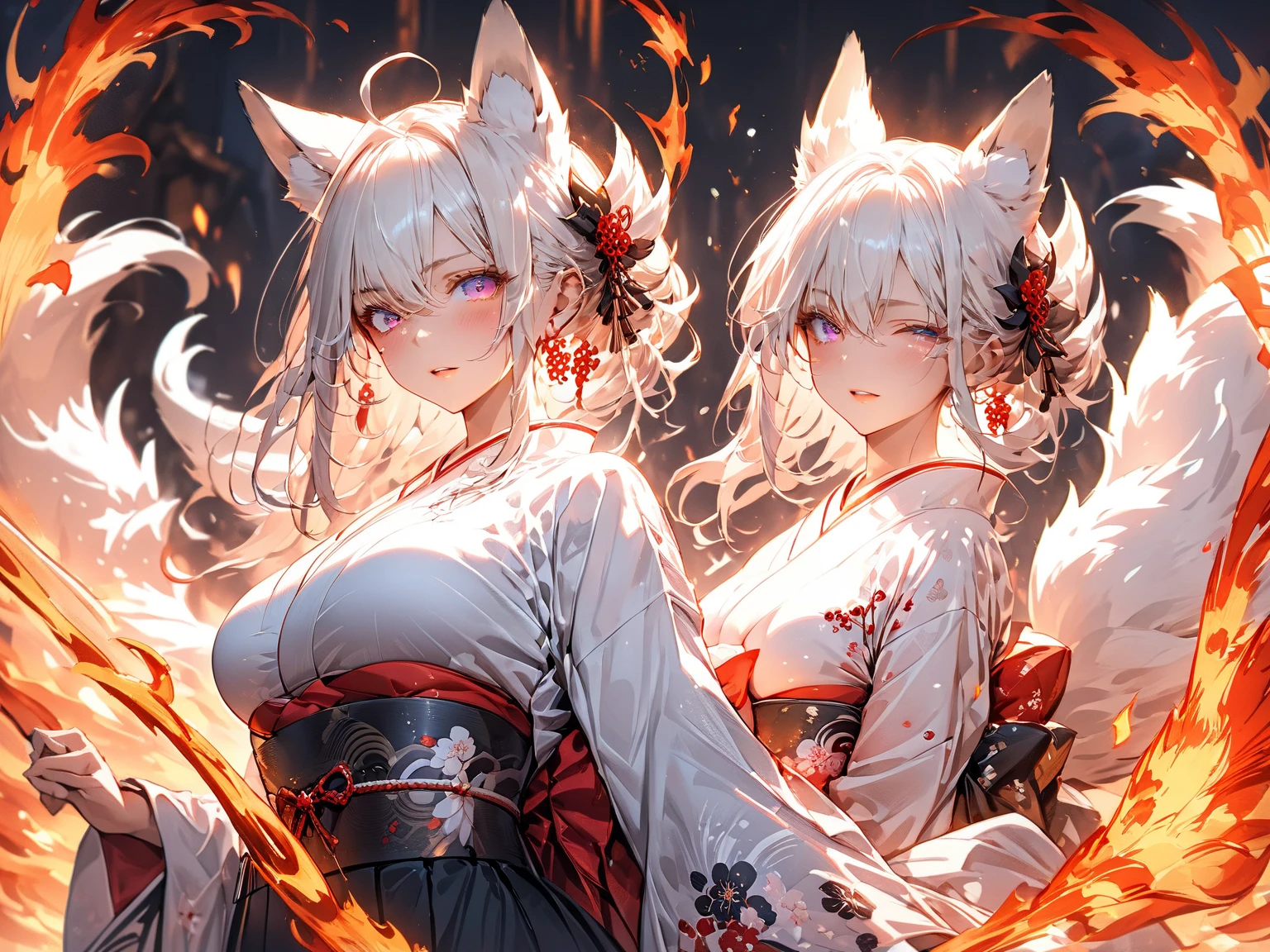 Kitsune, Retrato de Onmyoji, Chica de anime demonio, Deidad de pelo blanco, Arte de cuerpo completo, con ojos rojos, tatuajes en el pecho,cuerpo sexy,best_quality,Sexy Big Breast,erotic pose