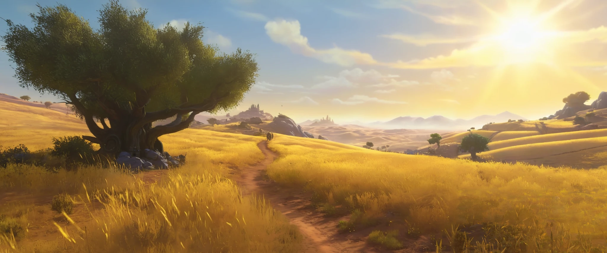 Cinematic still, wide-shot, wide fields of yellow tallgrass, hills in the horizon, dirt path, clear blue sky, shining sun, some rare olive trees in the distance, otherworldly, uninhabited, dawn time, world of warcraft cinematic style