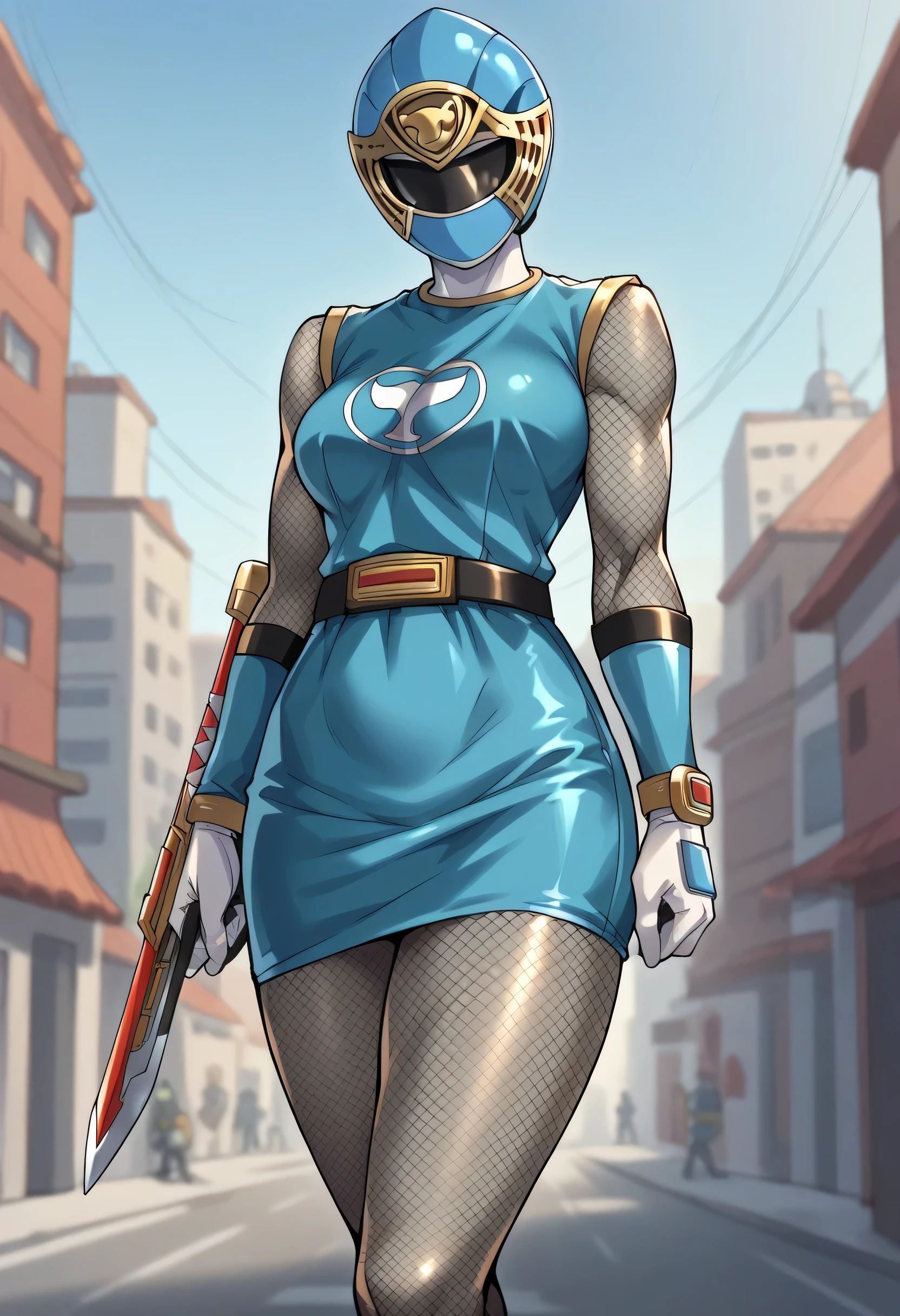 1girl, solo, super sentai, ninja, short dress, sleeveless, fishnets, Fishnet Pantyhose, fishnet armwear, skirt, belt, gloves, helmet, visor, outdoors, city score_9, score_8_up, score_7_up, score_6_up, score_5_up, score_4_up, BREAK source_anime, masterpiece, POWER NINJA