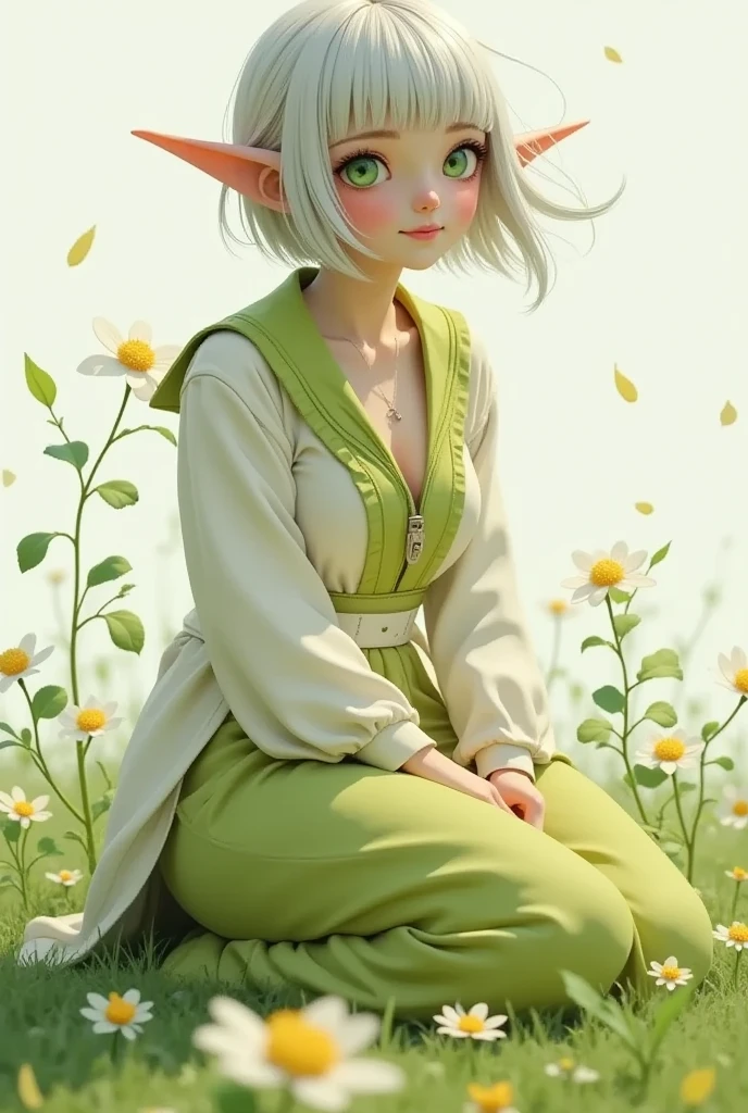 1 elven lady, solo, silver bob cut, blunt bangs, green eyes, Pointy Ears. white and lime green outfits, Clothes made from soft materials with delicate and intricate embroidery, oversized clothes and long skirt, Crocs sandals, sitting on the green field, blowing the wind, fluttering hair, petals, looking down the camera with smiling, low angle shot, from below, watercolor painting