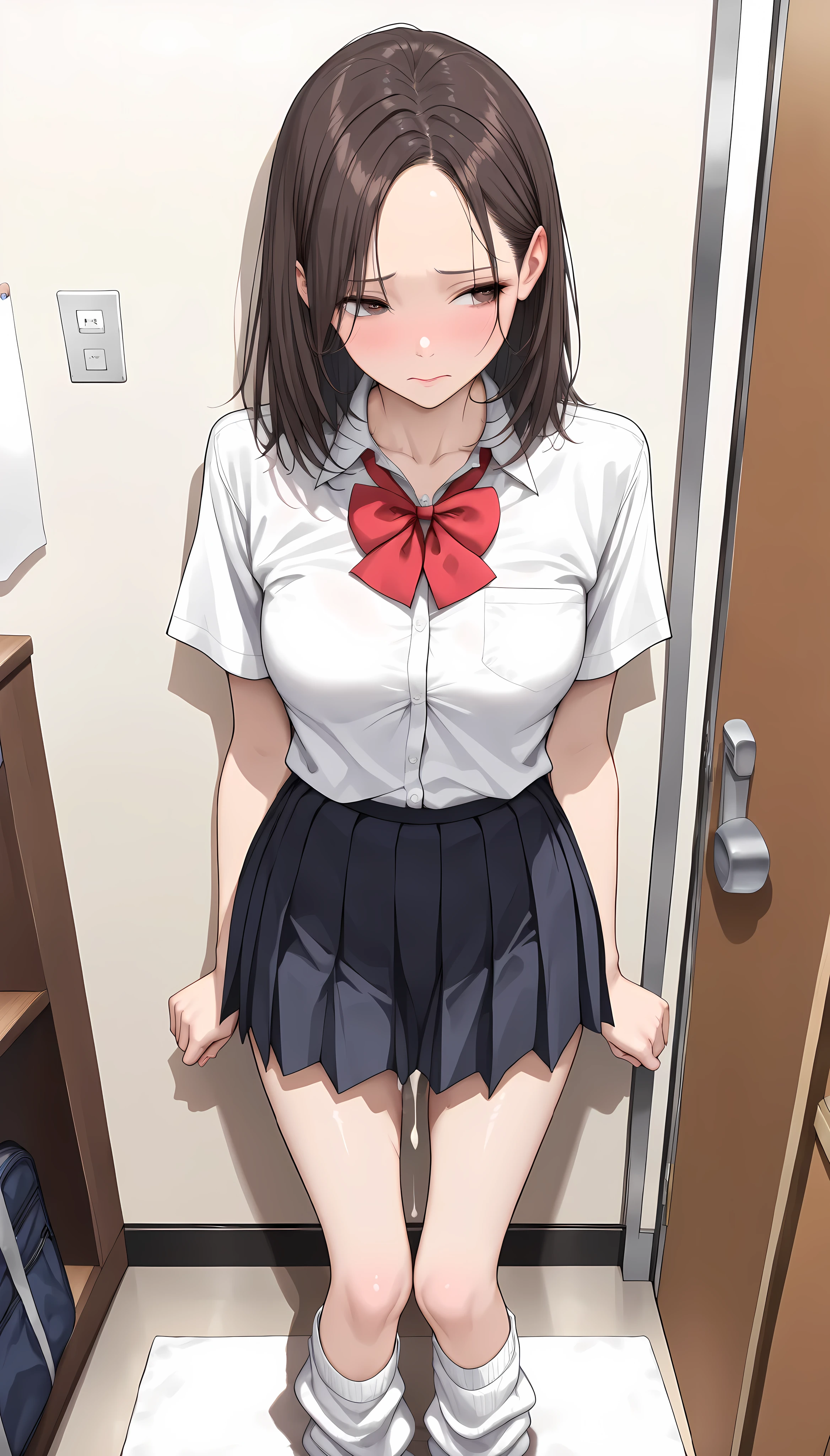 Anime girl in a short skirt and a bow tie standing in a room - SeaArt AI