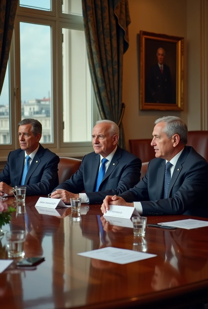 Image of the meeting and signing of the Treaty of Versailles in 1919, Germany, France, USA, England signing the treaty. Add England flags, Germany, France, USA. Add elegant and typical clothing from 1919. Agregar mas banderas de Germany, Russia and England. make it in an older style. Take the cell phones off the tables, instead put writing pens. Add more flags and make it Renaissance painting style. Take the cell phone off the table