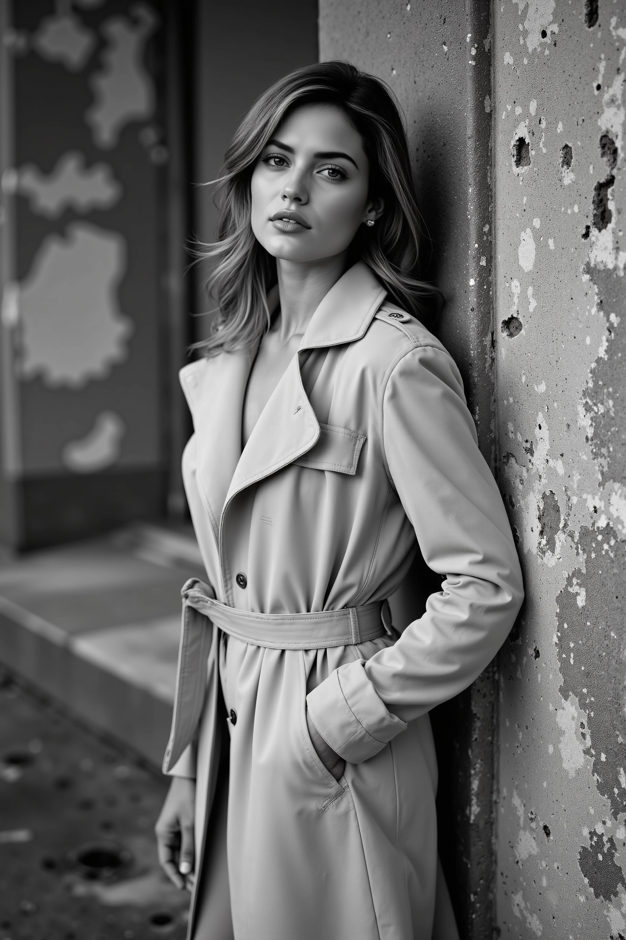 Black and white photograph of Jessica Alba wearing a beige trench coat dress, standing against an old stone wall, looking at the camera with soft lighting, high resolution, in the style of Canon EOS R5.
