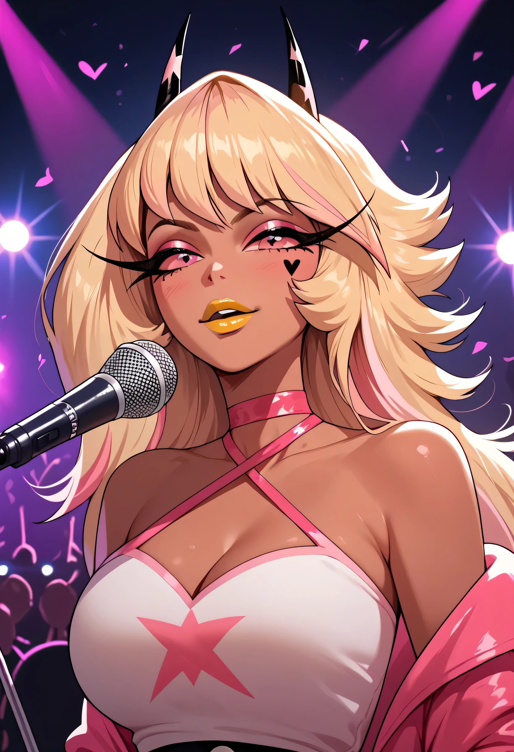 woman, big breasts, yellow lipstick, anime style, blonde hair, tanned skin, pink blouse, pink eyes, concert, singer, Verosika, human, Helluva Boss, pink highlights in hair