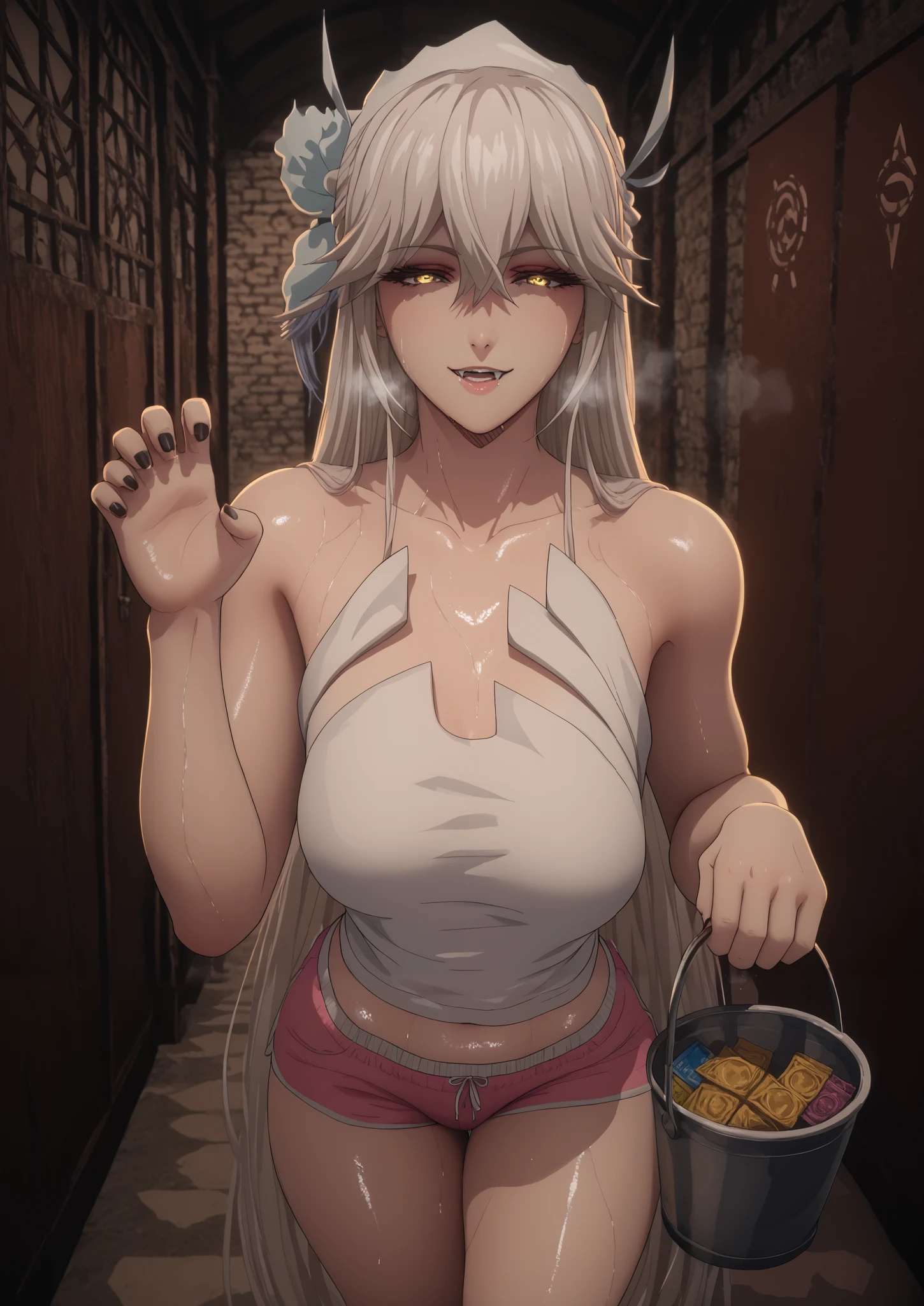 Draw naked girl, breasts natural, Without clothing, pumped body, white hair, bunny ears, red eyes, angry face, wet skin, tanned skin, supermarket, sun, woman, solo, Bottom view, squatting, sitting, hands behind head