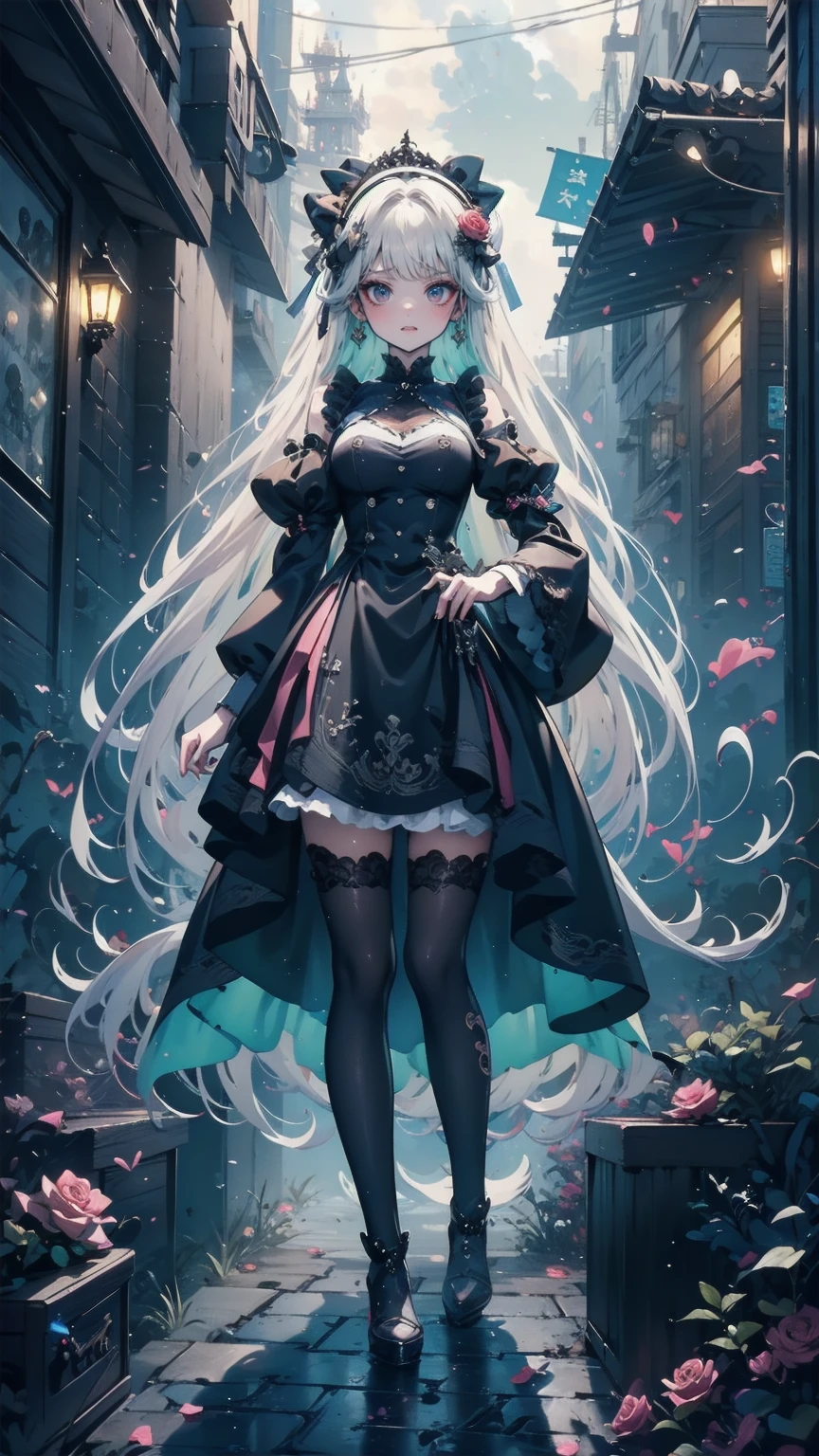 masterpiece, best quality, 1lady, colorful, shoulder cutout, backless outfit,(finely detailed beautiful eyes and detailed face),cinematic lighting, bust shot, extremely detailed CG unity 8k wallpaper, sliver long hair, solo, blue eyes, smile, red and black gothic lace dress,((flying petal)),(Flowery meadow),sky, cloudy_sky, building, moonlight, moon, night, light, fantasy, flower black pantyhose, fashion high heel,