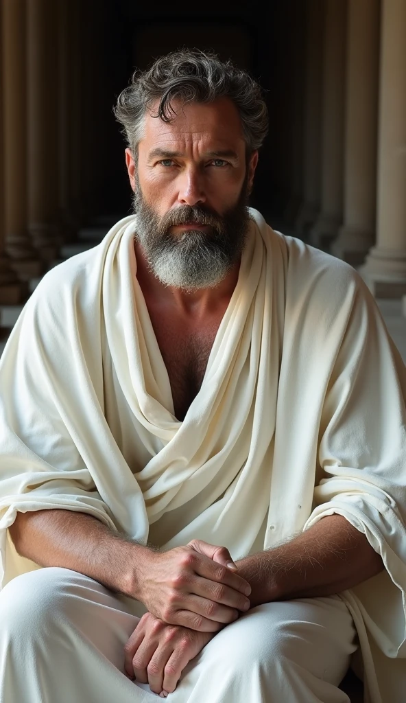Masterpiece, denoise, void noise, five men, best quality, 8k resolution, male focus, focus only, amazing composition, volumetric lighting, super quality, elegant, Very detailed, front view, -----------, 35 years old, mature face, muscular, (((Caucasian white man, white skin:1.5, pale skin))), handsome, (detailed light-blue eyes), ((dark black hair)), big ears, (extremely hairy:1.7), (scruffy beard:1.5), (((((Jim Sturgess mixed with Russell Tovey))))), (((pink nipples))) ------------, ((((full body covered in white cloth)))), (((white cloth top))), (((white cloth bottoms))), (((sitting facing viewer)))