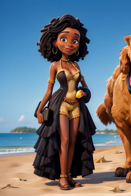 HD, dark skinned, young female , age 8, humanoid, honey, afro hair, Jackie Parris, ((((Jackie Parris)))), full body cgsociety, 3 d character art, full character body, detailed full body concept, stylized character, tribal, primal, caveman, wearing loin cloth, beach