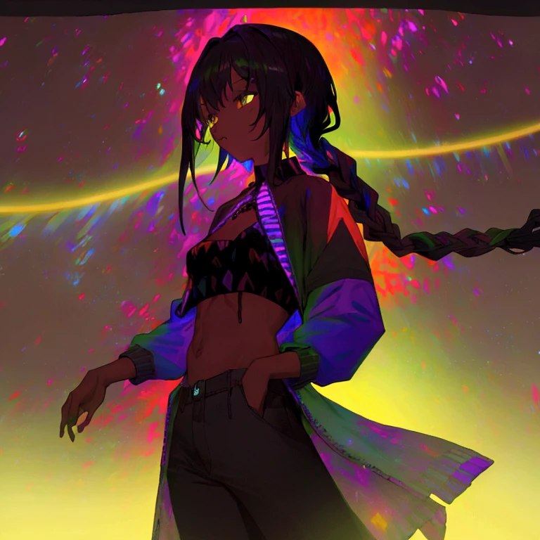 (masterpiece, Best quality, high resolution, ultra-detailed), (Beautiful and aesthetically pleasing: 1.2), A masterpiece image: 1man, black long hair, brown eyes, detailed eyes and face, cheerful holiday outfit, stylish bright blue shorts, green socks, yellow T-shirt with a bright print, purple sneakers, bright bracelets and earrings in retro style, children's party, neon light, dancing, dance floor,purple theme,bioluminescent fbpz body paint, monochrome