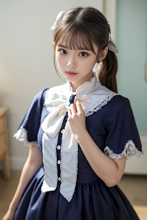 Beauty、Cute person、Beautiful woman、Young face、Detailed face、Maid clothes、ta maid、Twintails、Embarrassed、Laugh a little、from above、wariza、ribbon、With bangs、whole body