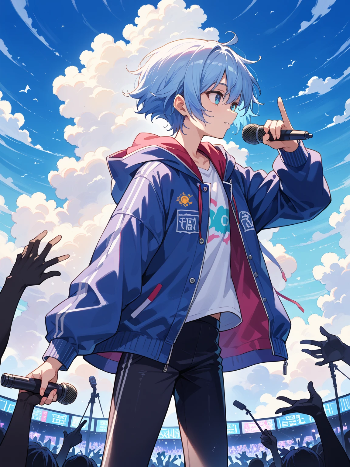 score_9, score_8_ up, score_7_ up, source_Anime,
surreal,
theme:「To the blue sky 」 CD jacket
Background : clear blue sky and white clouds
central element : silhouette of a hand stretching towards the sky
light source: sunshine
Ambience : hopeful
Art style : watercolor style, holding microphone , onstage
tonal: soft
Format :square( CD jacket standard size )
Layout: title placed at top