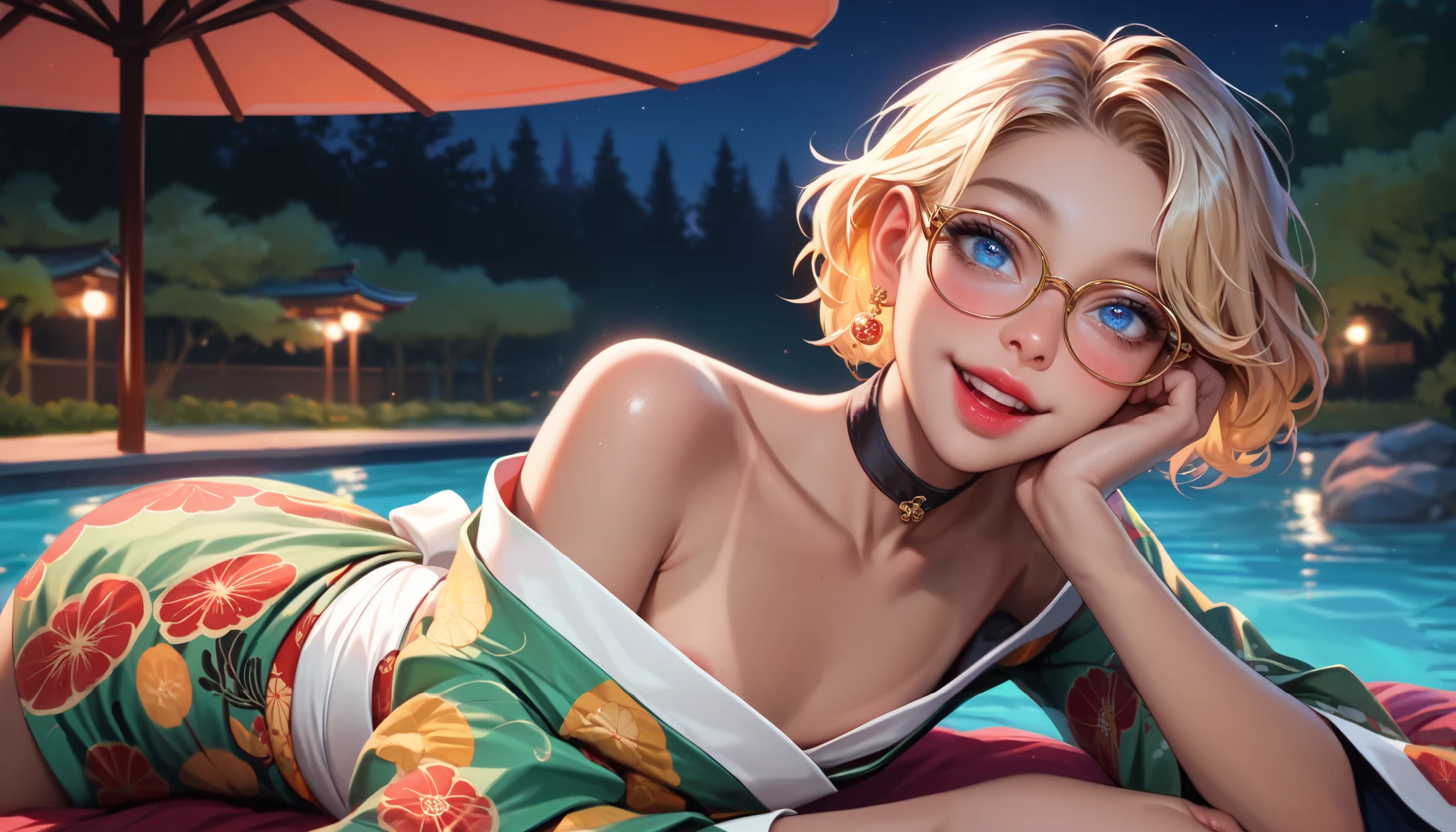 hyperrealistic, detailed face, toned blonde femboy, blond eyes, slim, male, feminine touch, blond open short hair, tanned, slight tan lines, lipgloss, happy but exhausted, looking over a lake in awe, at night, japanese park, lounging on the ground, showing the piece sign, ribbon in the hair, glasses, long golden earrings, black choker, intense lipstick, wearing a colorful yukata, blue eyes, white sash