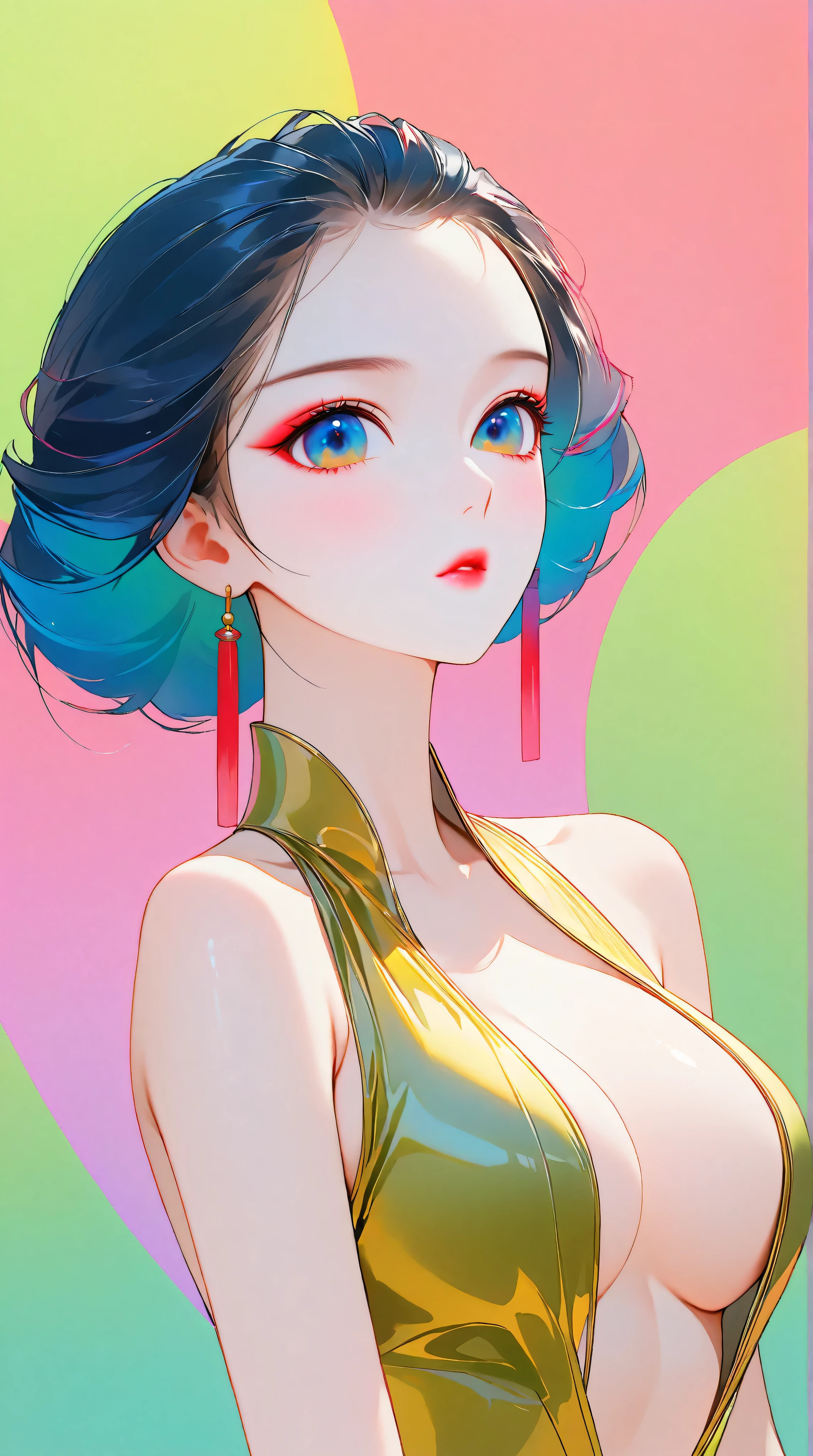 80’s glam rock makeup on shiny face, asian girl, anime, 2.5D, moody lighting, (green, pink, gold), pretty, sexy, minimal, sleek, slender, asian, elegant, futuristic, retro, sophisticated half human half machine, Kizi,(eyes looking off to side), Highly detailed, Amazing work,Vitreous luster, blues, yellows, Best quality at best,shiny skin, no background, colorful background, green background, pink background, gold, background, plunging neckline, sexy pose, dynamic pose, heavy blushing, huge breasts,