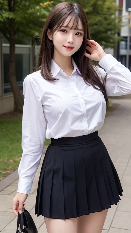 (8k,Ultra-high resolution,Highest quality,masterpiece,Realistic,Ultra-high resolution,High-quality RAW color photos,Professional photos,Realistic,Realistic),Natural skin texture,Fine skin,Hyperrealism,Intricate details,Adult women,Eye highlights.Lip gloss,Glossy Lips,(Cute smile,Short Hair,Dark blonde hair,bangs),(((gigantic breast,Big Breasts))),(Schoolgirl uniform,(White Cutter Shirt),Azure check patterned pleated mini skirt,tie),Urban area,((face focus,Staring at the audience)),((((windy up skirt,Skirt fluttering in the wind,skirt lift))))