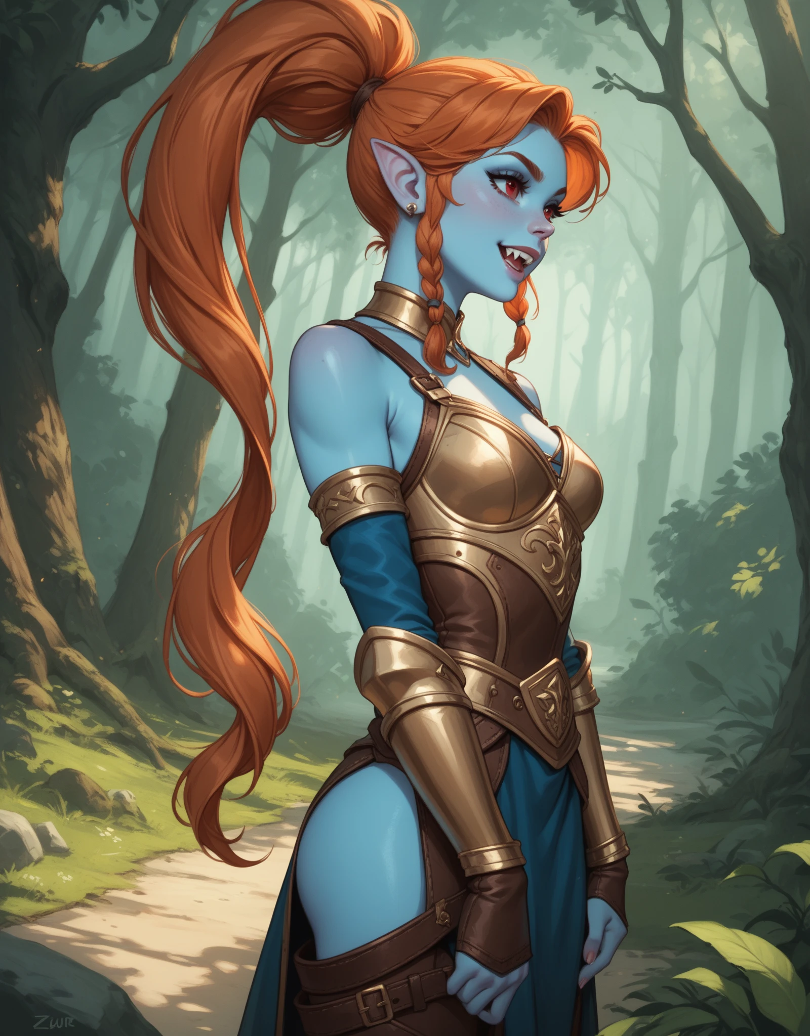 A adult woman with small breasts, azure-blue skin, pixie-sharp ears, and a large athletic build. Prominent large fangs and piercing red eyes complete her striking appearance. Her long ginger hair is pulled back in a ponytail. She is dressed in the closed strong leather armor of a medieval fantasy adventurer with no exposed body parts and many bags and knife scabbards.