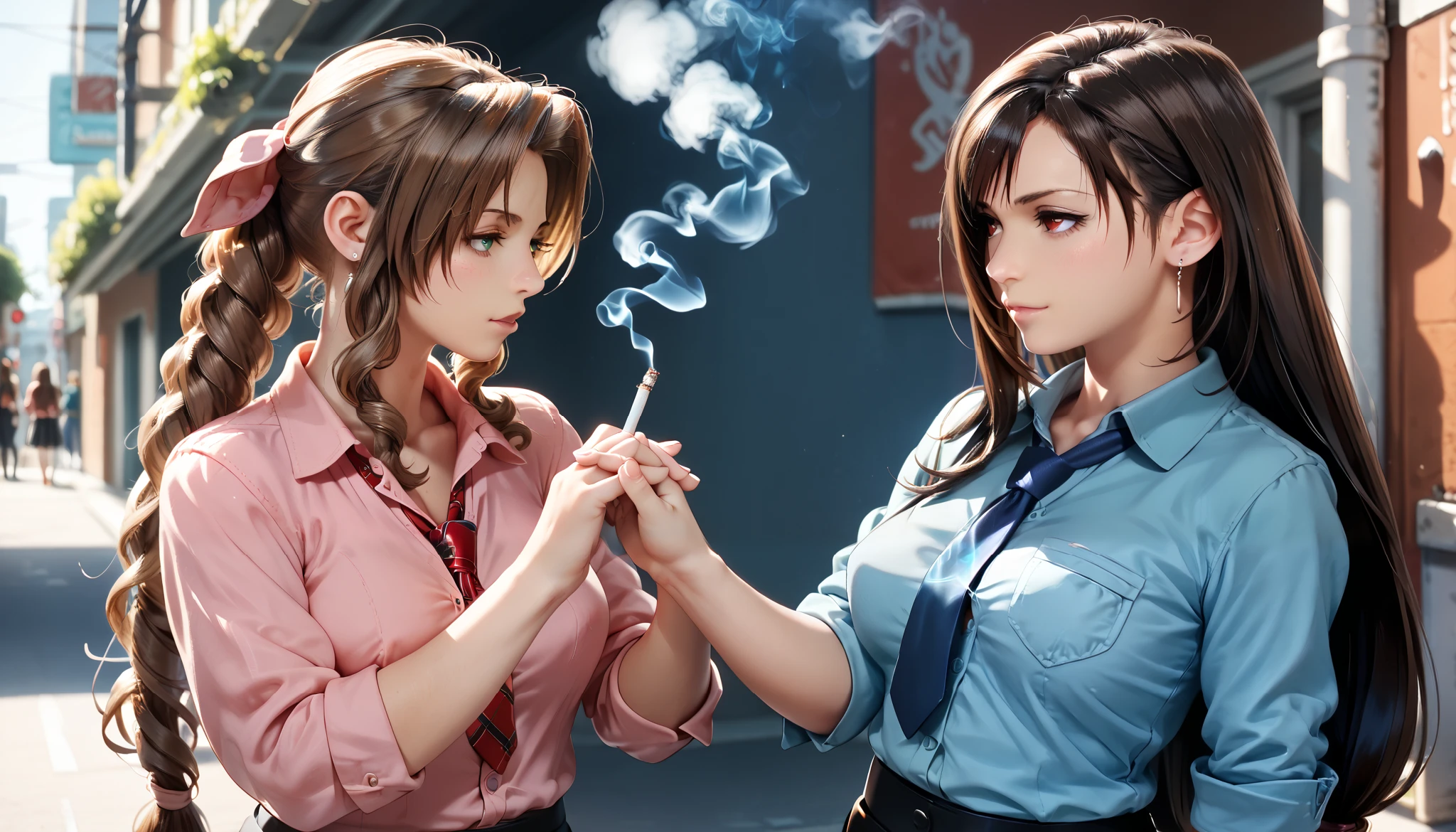aerith gainsborough and tifa lockhart smoking on shiny street, school uniform, two girls, girlfriends, yuri, aeris, tifa, sassy, seductive, (((light blue button down shirt))), (collarbone), (((tie))), ((rolled sleeves)), chest pockets, big breasts, short dark skirt, brown hair, long hair, holding hands, smoking, cigarette, breathing smoke, street, detailed, JK