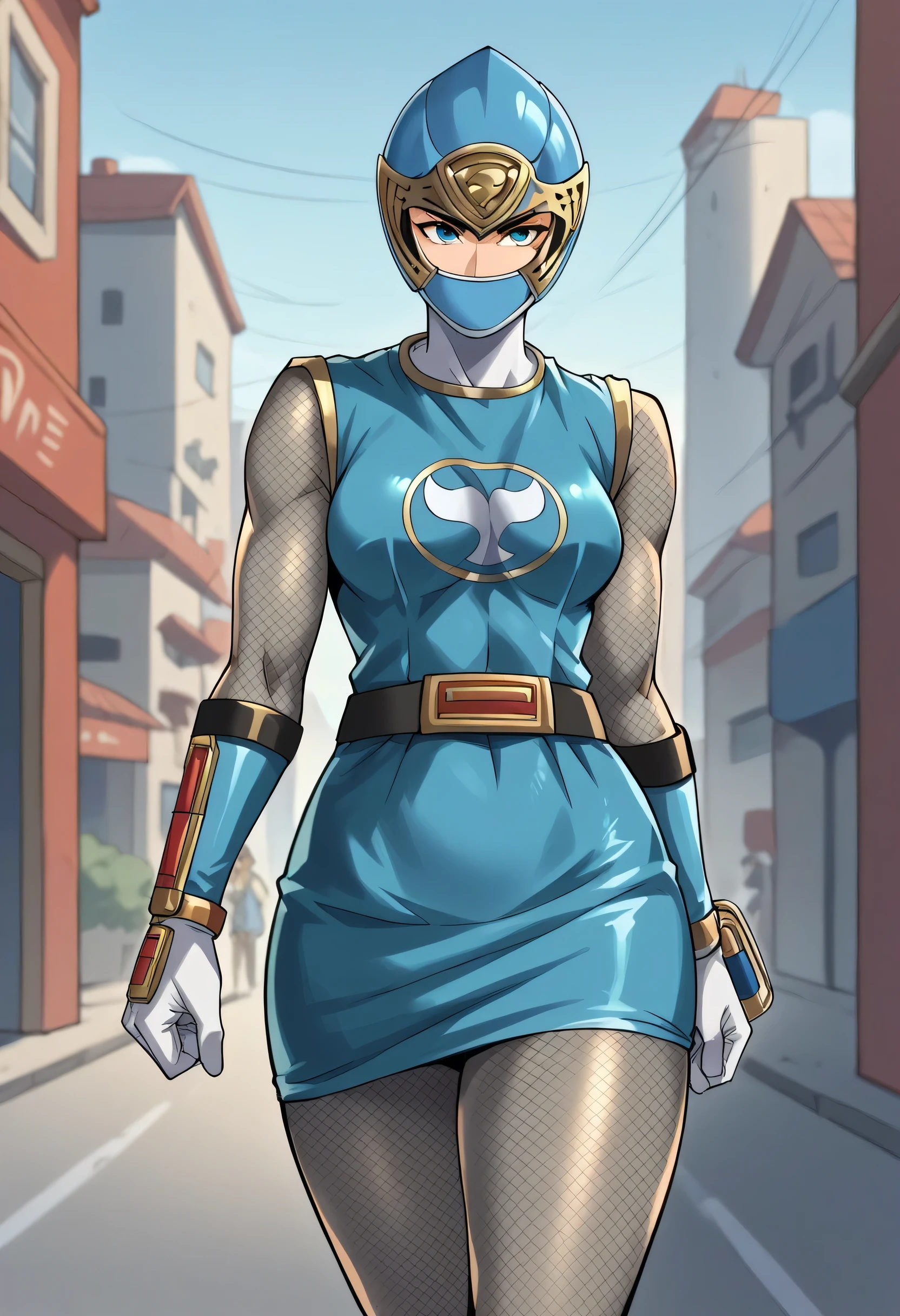 1girl, solo, super sentai, ninja, short dress, sleeveless, fishnets, Fishnet Pantyhose, fishnet armwear, skirt, belt, gloves, helmet, visor, outdoors, city score_9, score_8_up, score_7_up, score_6_up, score_5_up, score_4_up, BREAK source_anime, masterpiece, POWER NINJA