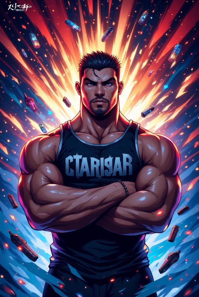 Best quality, masterpiece, ultra high res,detailed background,realistic,solo,male,cowboy shot,mature,bara,topless,muscular,mature male,thick thighs,short hair,facial hair,undercut,short hair,magic circle, bubble,on water,reflected mirror,rainbow light, Bubble Swirling, wind Swirling, Aurora, fantasy scenery,depth of field