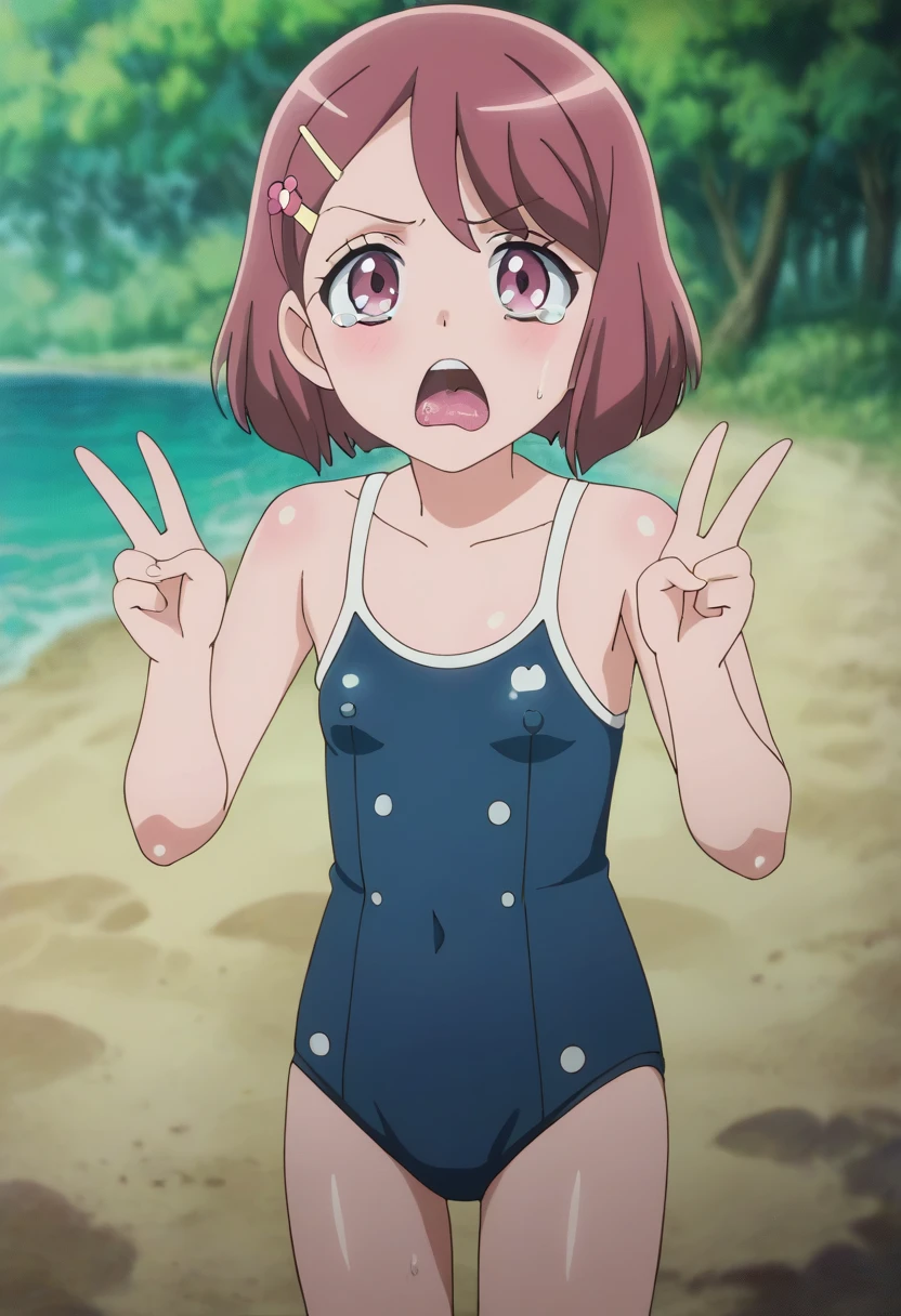 masterpiece, best quality, very aesthetic, absurdres, 1girl, suou momoko, bikini swimsuits, millimas, white legwear, light brown hair, smile, looking at viewer, open mouth, blue eyes, blush, eyebrows visible through hair, socks, open legs, short hair, :d, brown hair, shoes, standing by self, white socks, solo, dirty pool, sexy swimsuit, black swimsuit, front shot, slingshot swimsuit, white water pool, pussy, pussy, Scene of Happiness