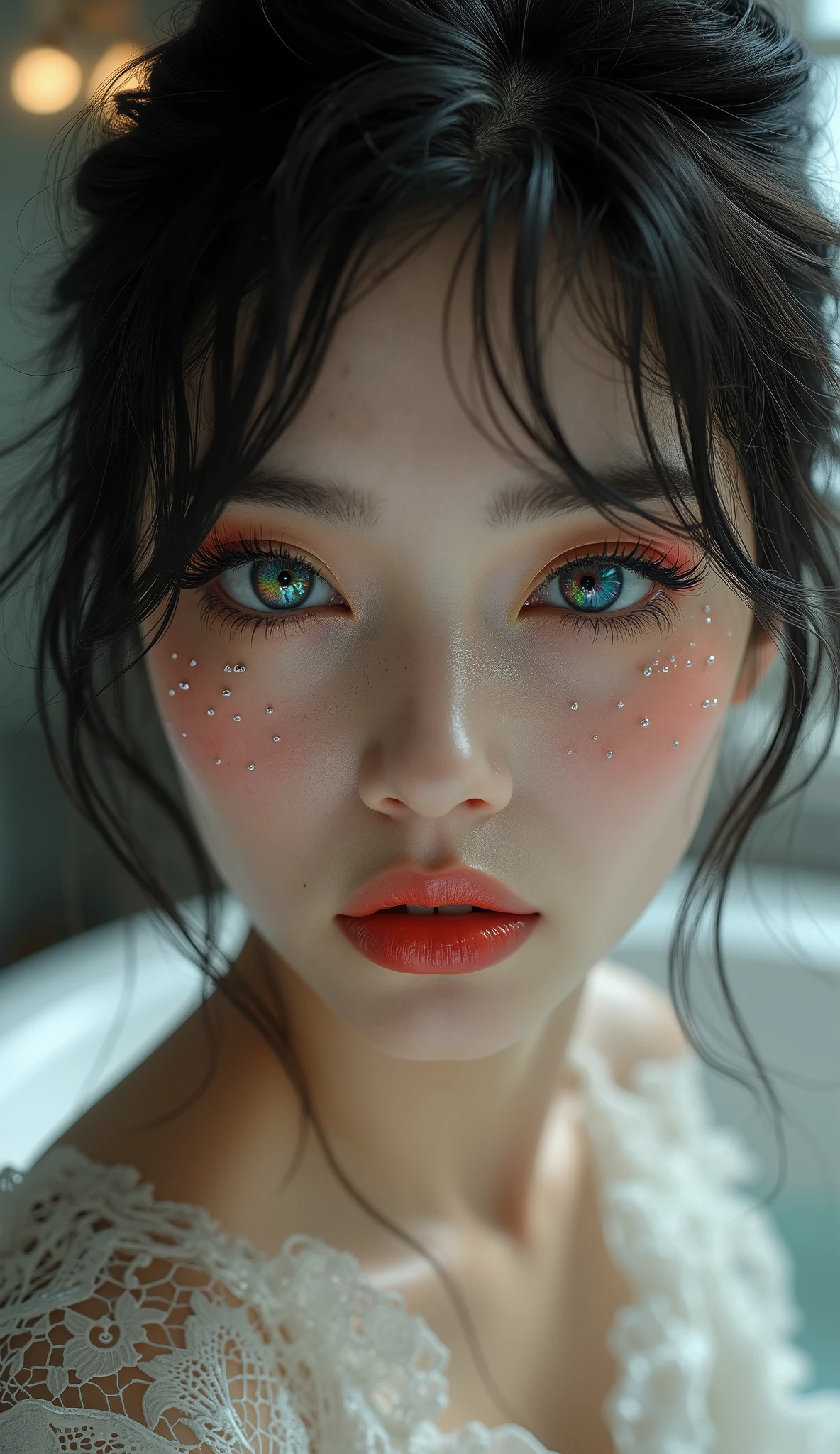 (highres,masterpiece:1.2),(realistic:1.37),(best quality, highres, ultra-detailed, realistic), mesmerizing cyberpunk dark fantasy, Medusa in all her sinister beauty, with six serpent arms gracefully intertwined. (Her radiant eyes:1.6), hypnotic and piercing, capture the essence of a demonic queen. The details of her face, meticulously crafted, reveal every delicate scale and unique pattern. The atmosphere surrounding her is filled with an otherworldly aura, bathed in a mix of neon lights and shadows. The backdrop resembles a movie scene, with hints of an ominous underworld. This portrait presents a close-up shot, focusing on the captivating visage of the goddess, portraying her as a captivating and formidable presence in the realms of darkness, the most beautiful face in the universe, erotic face, sensual face,(NSFW:1.3)high nose, dreamy blue eyes, naked completely