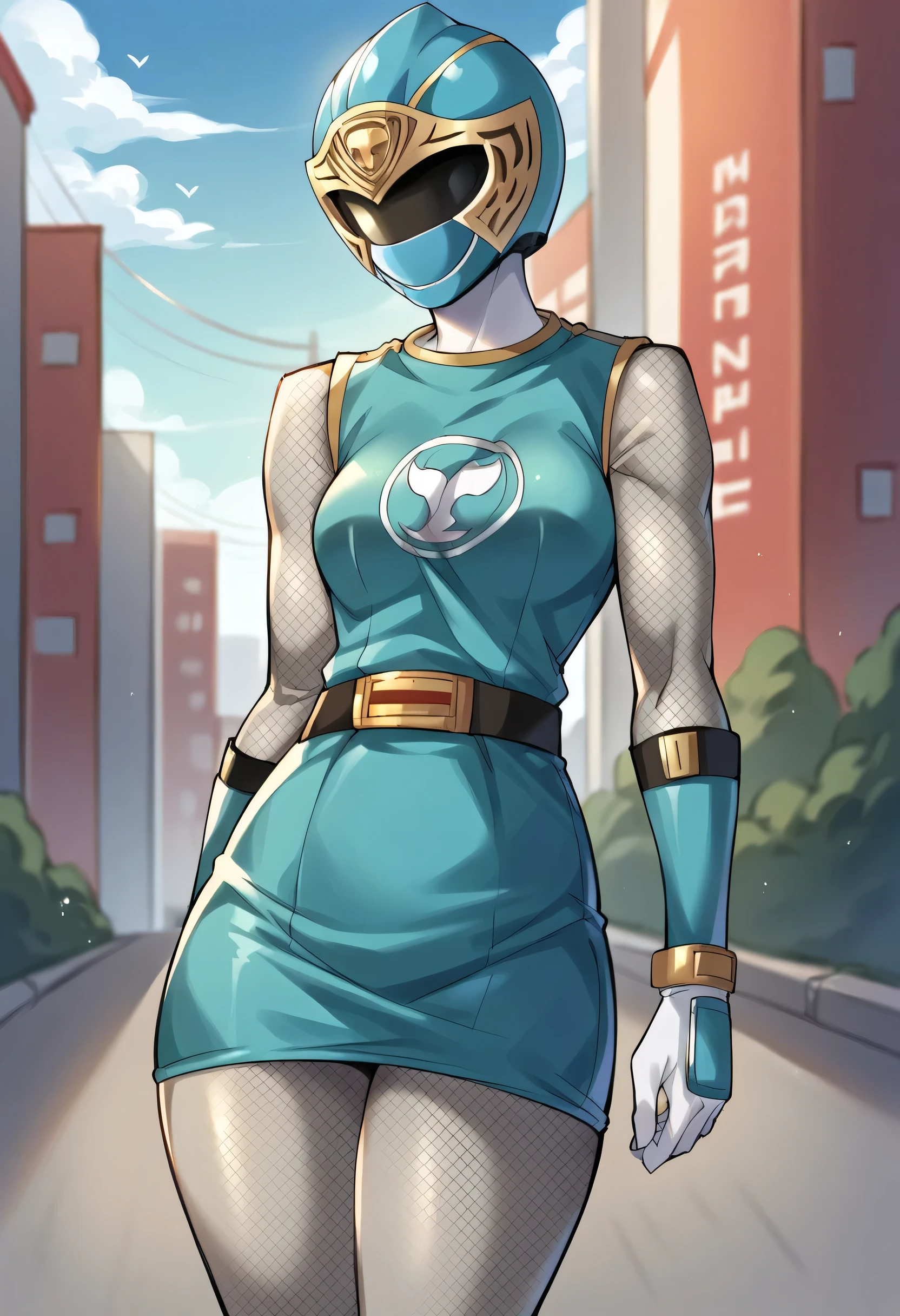 1girl, solo, super sentai, ninja, short dress, sleeveless, fishnets, Fishnet Pantyhose, fishnet armwear, skirt, belt, gloves, helmet, visor, outdoors, city score_9, score_8_up, score_7_up, score_6_up, score_5_up, score_4_up, BREAK source_anime, masterpiece, shooting