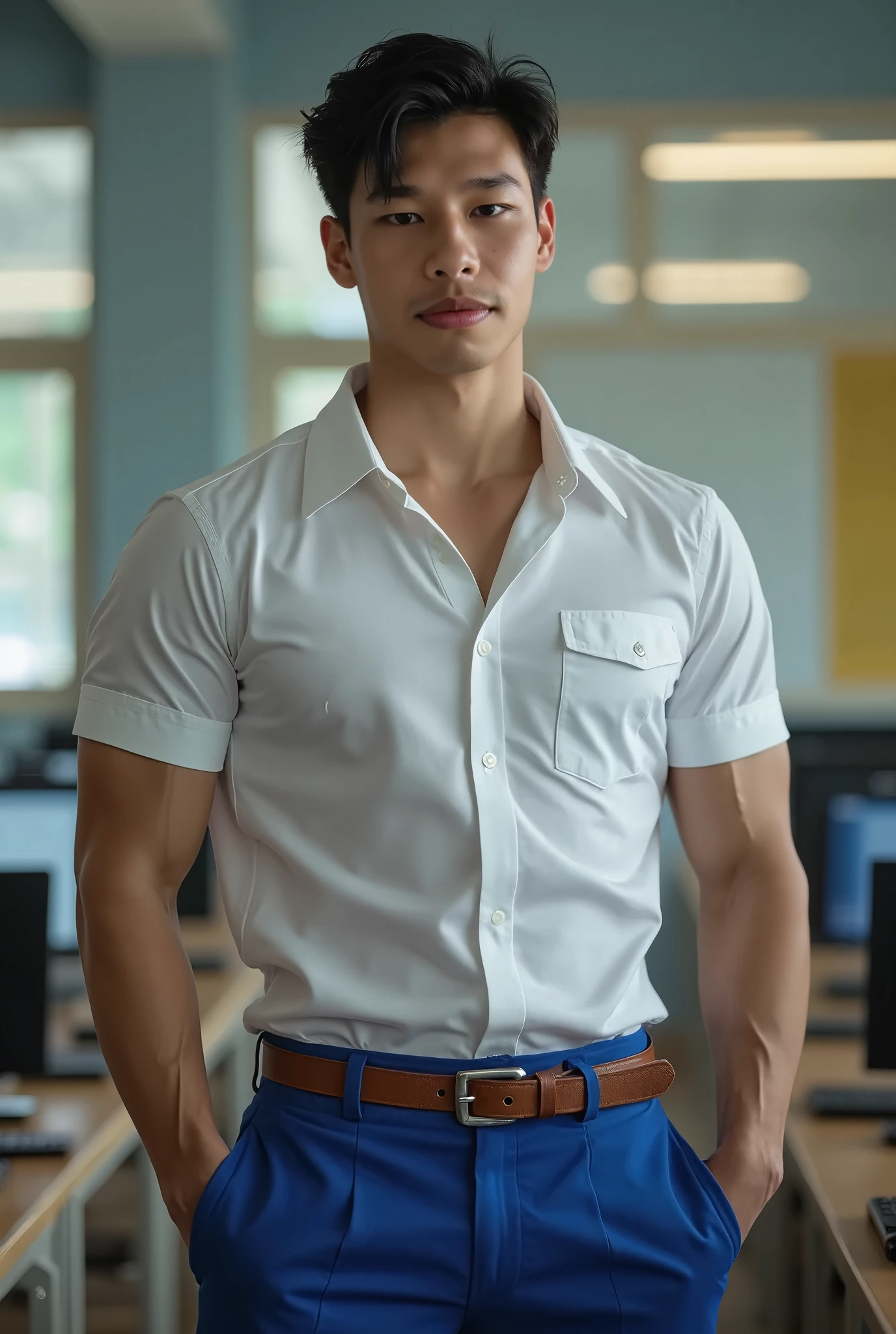 best quality, masterpiece, 8K, HD, masculine, 30 year-old filipino gentleman, very muscular, tanned skin, stylish hair, glasses on top of head, tight business suit, ((shirtspread)), vpl, papers and folders on table, tall indoor plants, big bubble butt, looking directly at camera, very seductive expression, golden ratio, sexy, god rays, soft lighting, dynamic shadows, sharp focus, perfection, no watermark