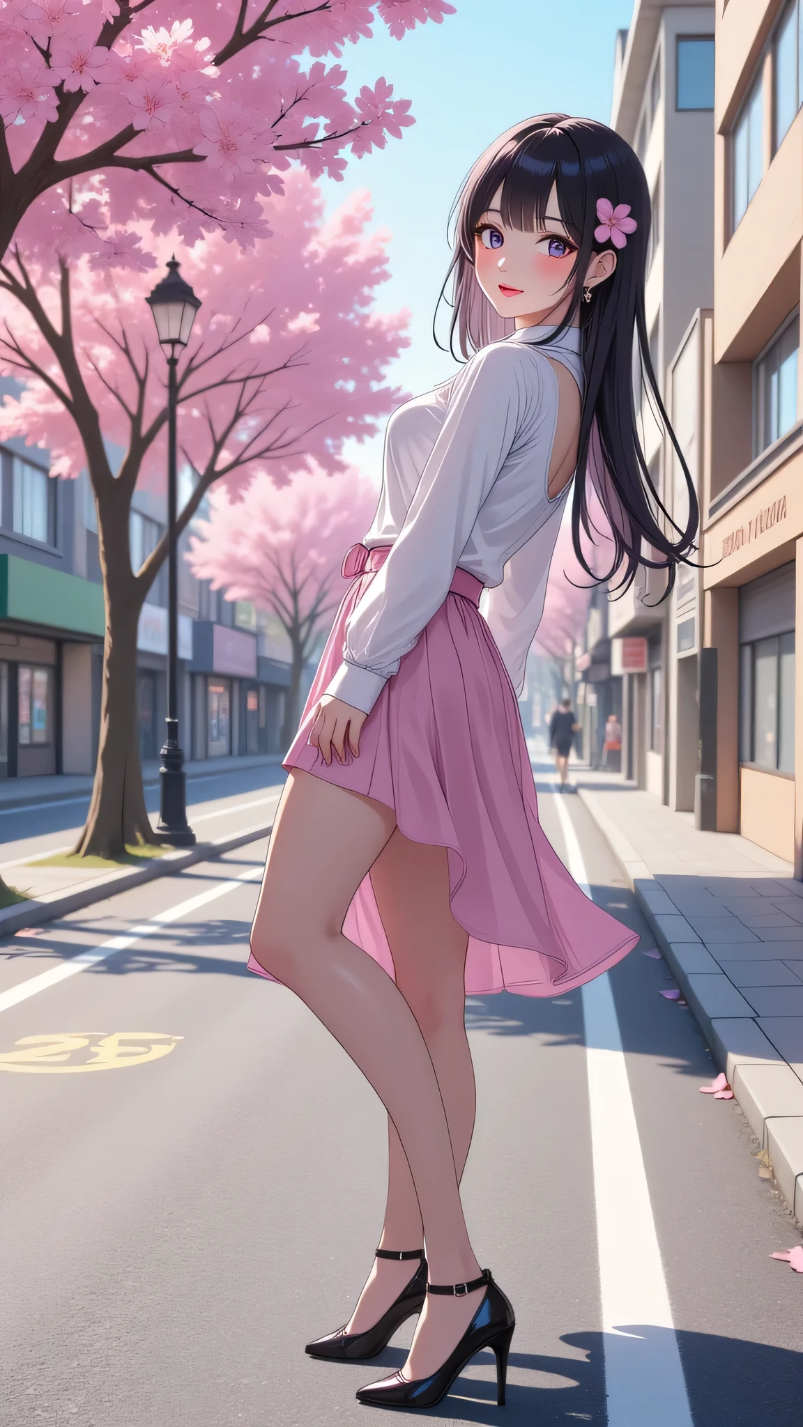(best quality:0.8) perfect anime illustration, a pretty, happy woman with short curly brown hair on the street in the city, wearing a hoodie, skirt, round butt, backside, white underwear