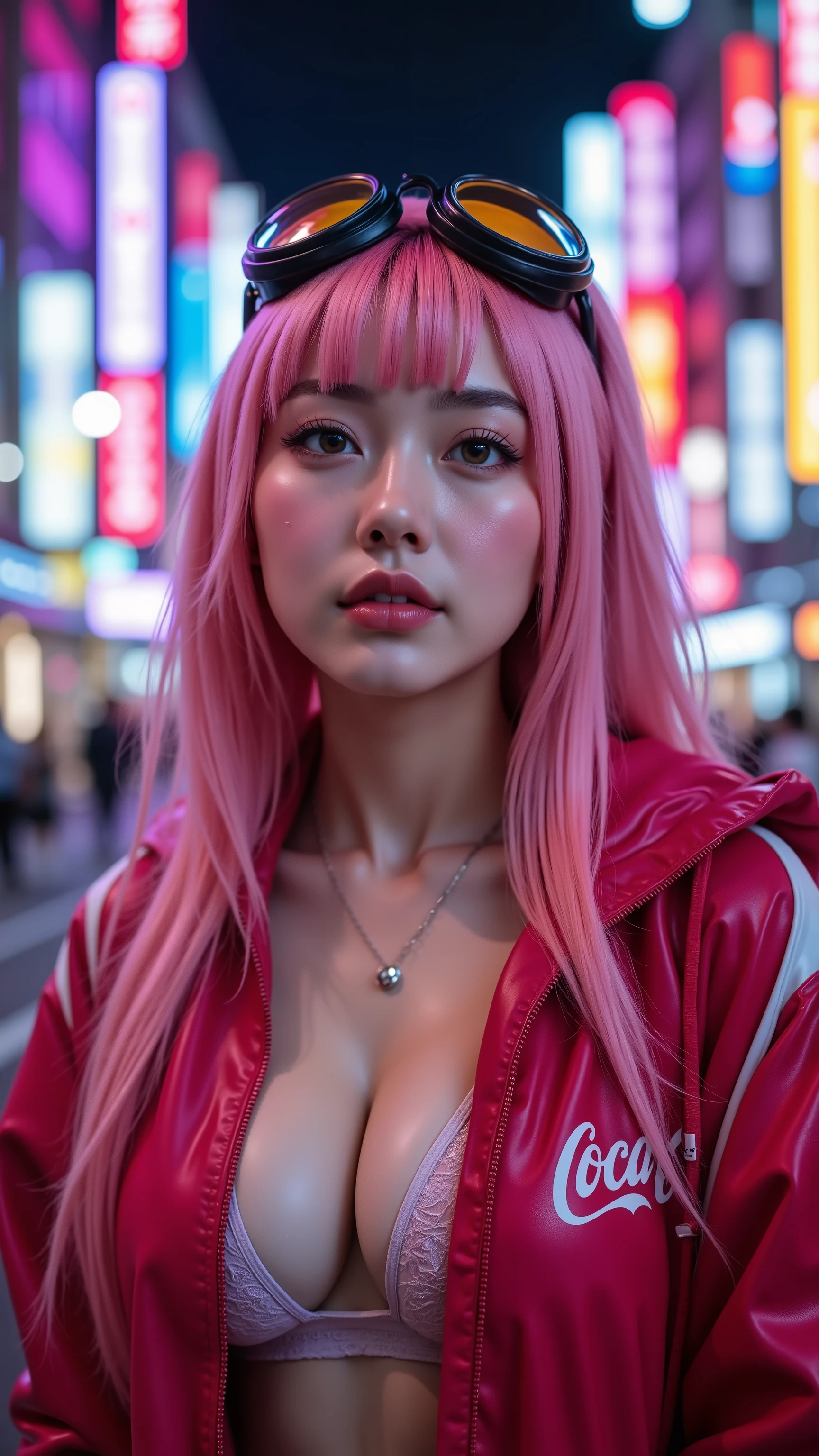 32k, Masterpiece, Top Quality, (Korea's Beautiful Women) Cyberpunk, pink hair, neon city background, goggles on head, Coca-Cola jacket, colorful lighting, futuristic street fashion, night scene, vibrant colors, shallow depth of field, high-contrast photography, urban dystopia aesthetic, glossy lips, detailed facial features, stylized realism