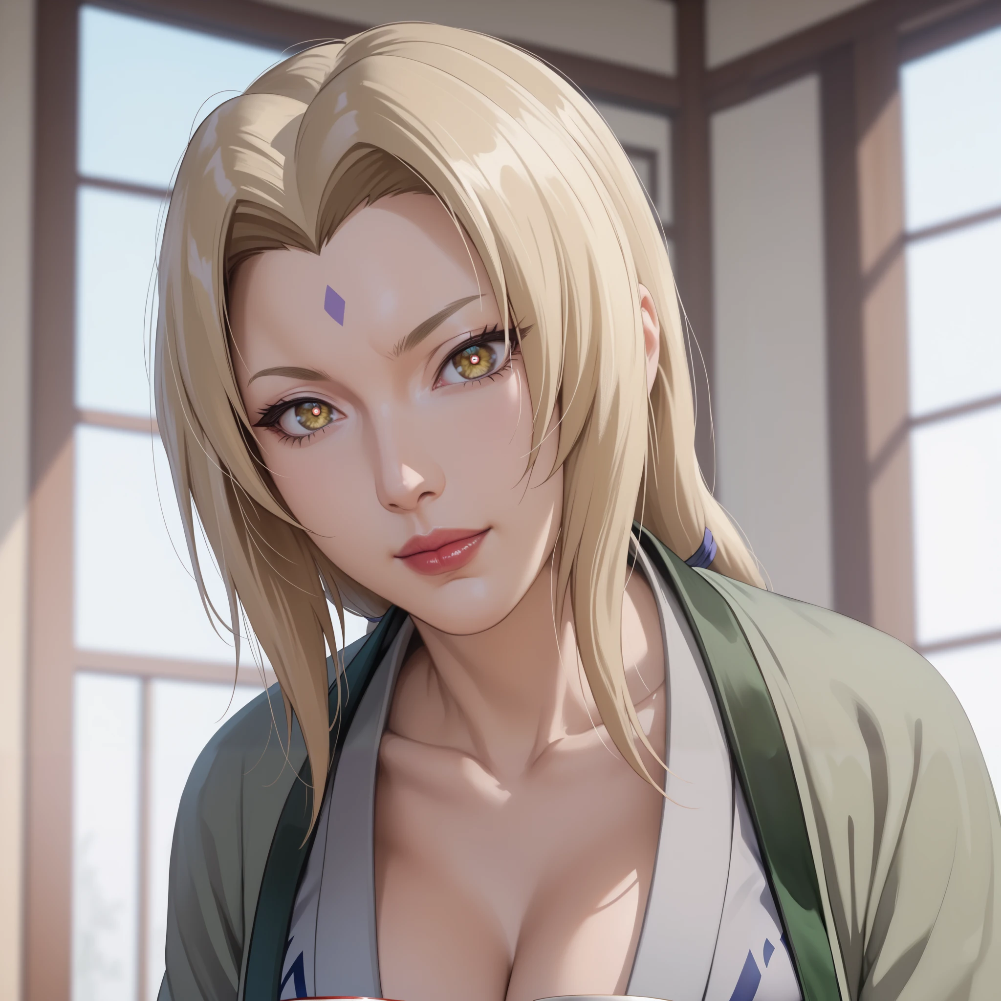 score_9,score_8_up,score_7_up,high res image,masterpiece,best quality,realistic,mature female,Tsunade,t5un4d3,Light yellow long hair,blue purple mark on forehead,light yellow thin short eyebrows,bright brown pupils,light red lips,dark green jacket,long sleeves,collarbone,grey kimono,blue obi,blue pants,(hanging breasts:1.1),(huge breasts:1.2),(drink japanese sake:1.3),